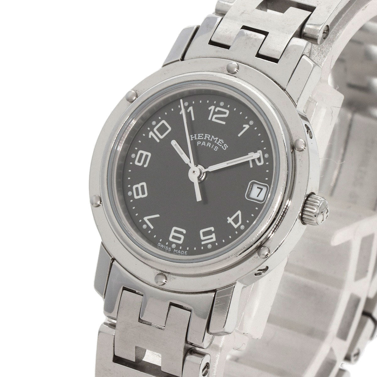HERMES Watches Quartz CL4.210 Stainless Steel , Stainless Steel Silver Clipper black dial Women