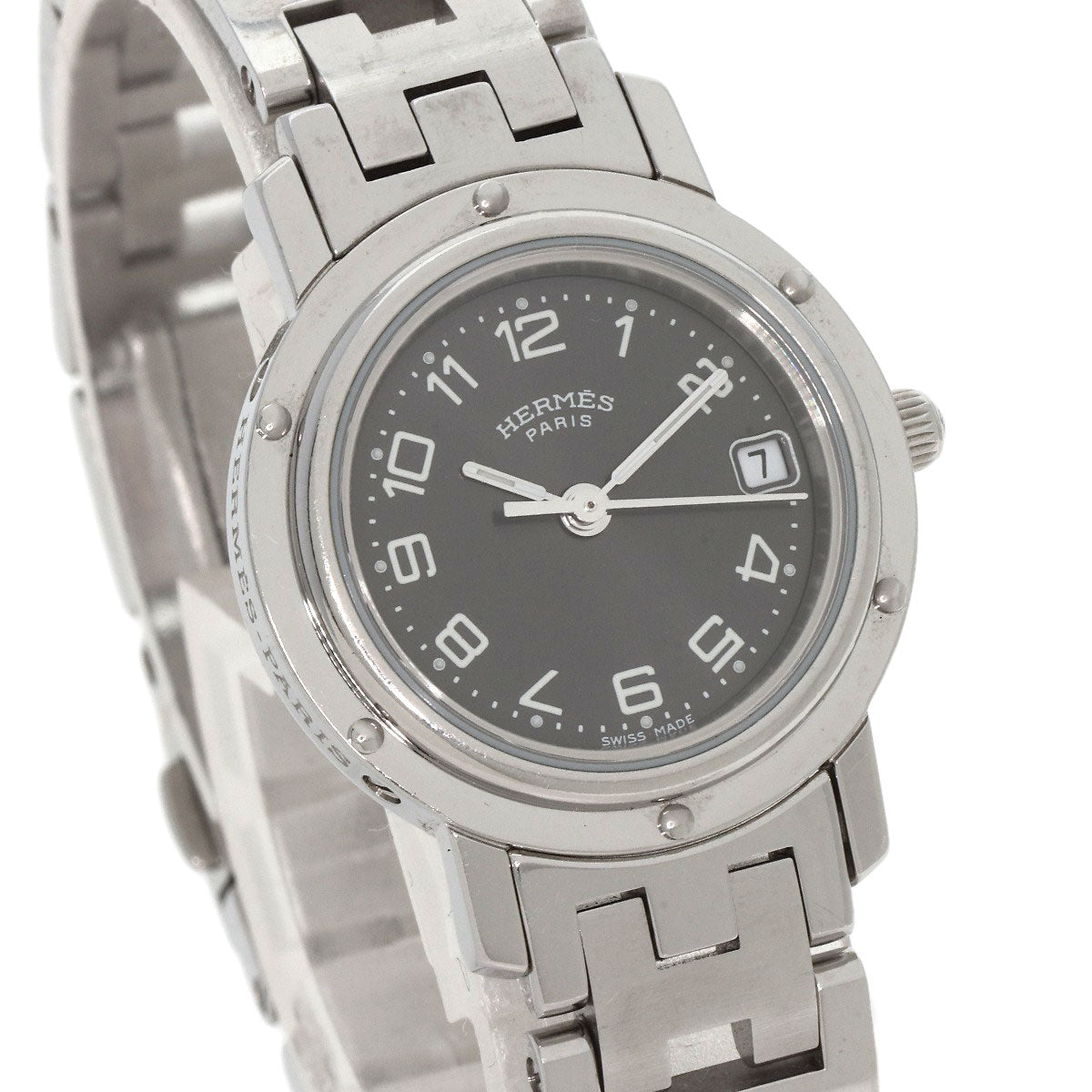 HERMES Watches Quartz CL4.210 Stainless Steel , Stainless Steel Silver Clipper black dial Women