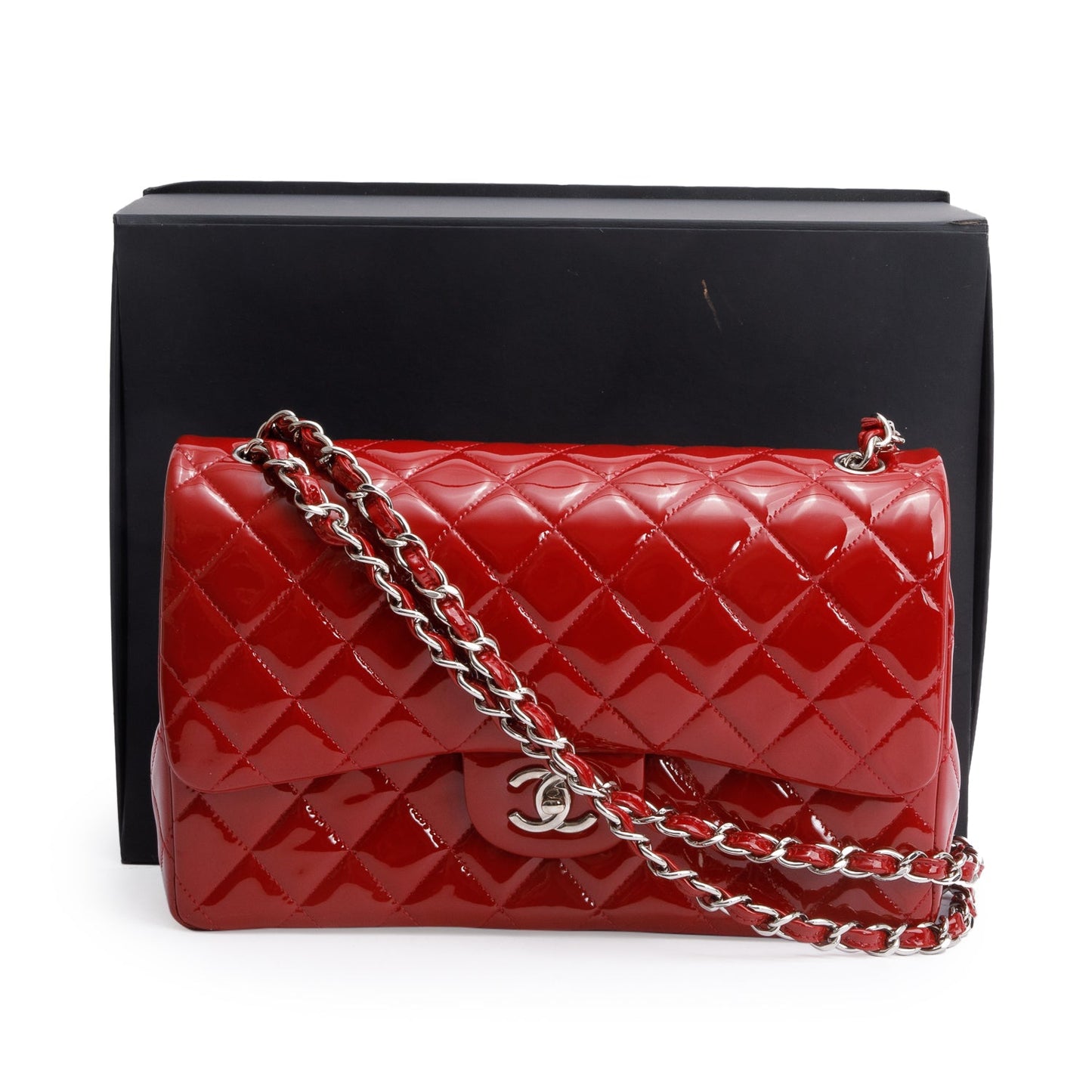 Chanel Red Quilted Patent Leather Classic Jumbo Double Flap Bag