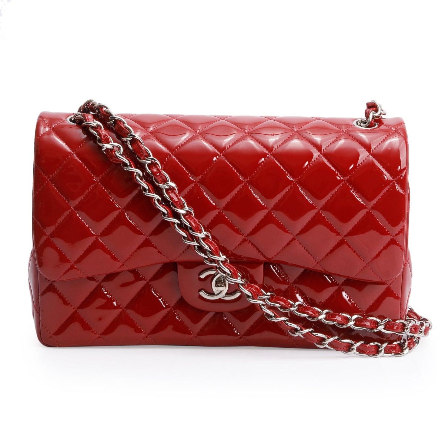Chanel Red Quilted Patent Leather Classic Jumbo Double Flap Bag