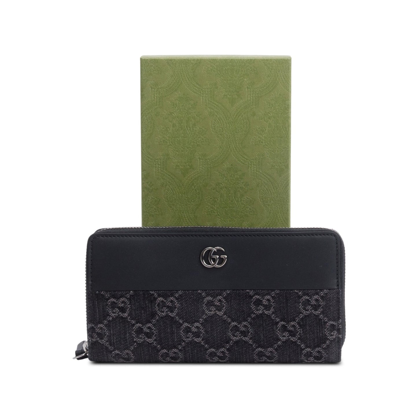 Gucci Black Leather Denim GG Marmont Zip Around Wallet