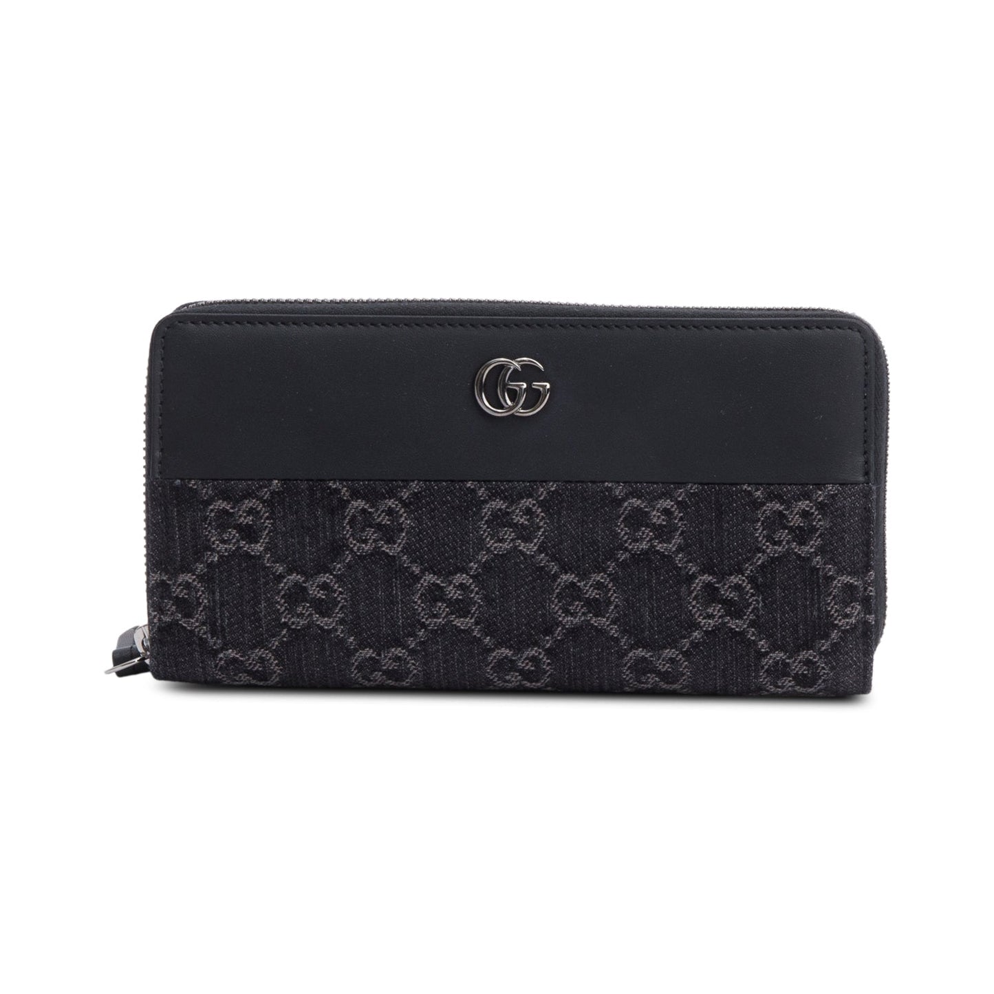 Gucci Black Leather Denim GG Marmont Zip Around Wallet
