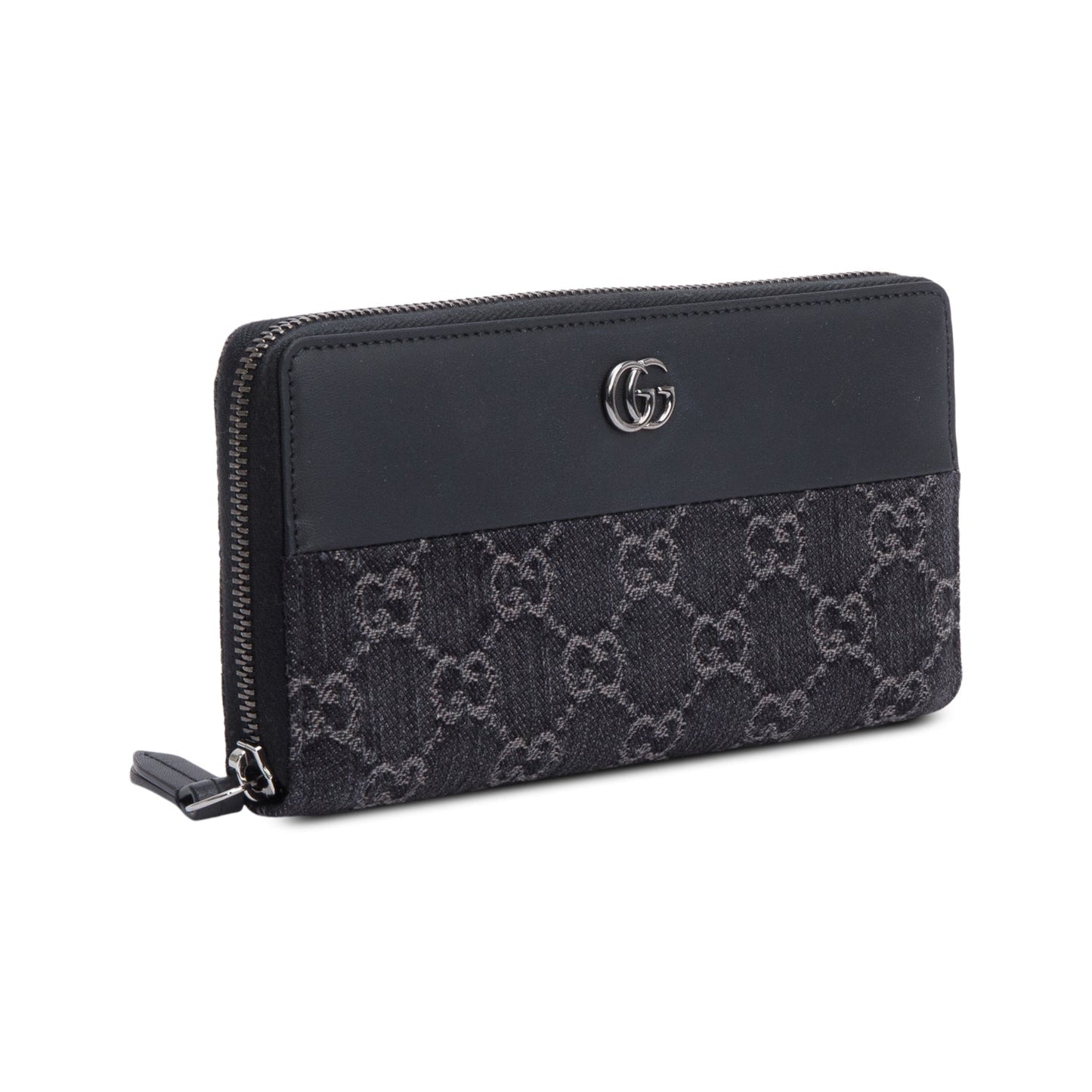 Gucci Black Leather Denim GG Marmont Zip Around Wallet