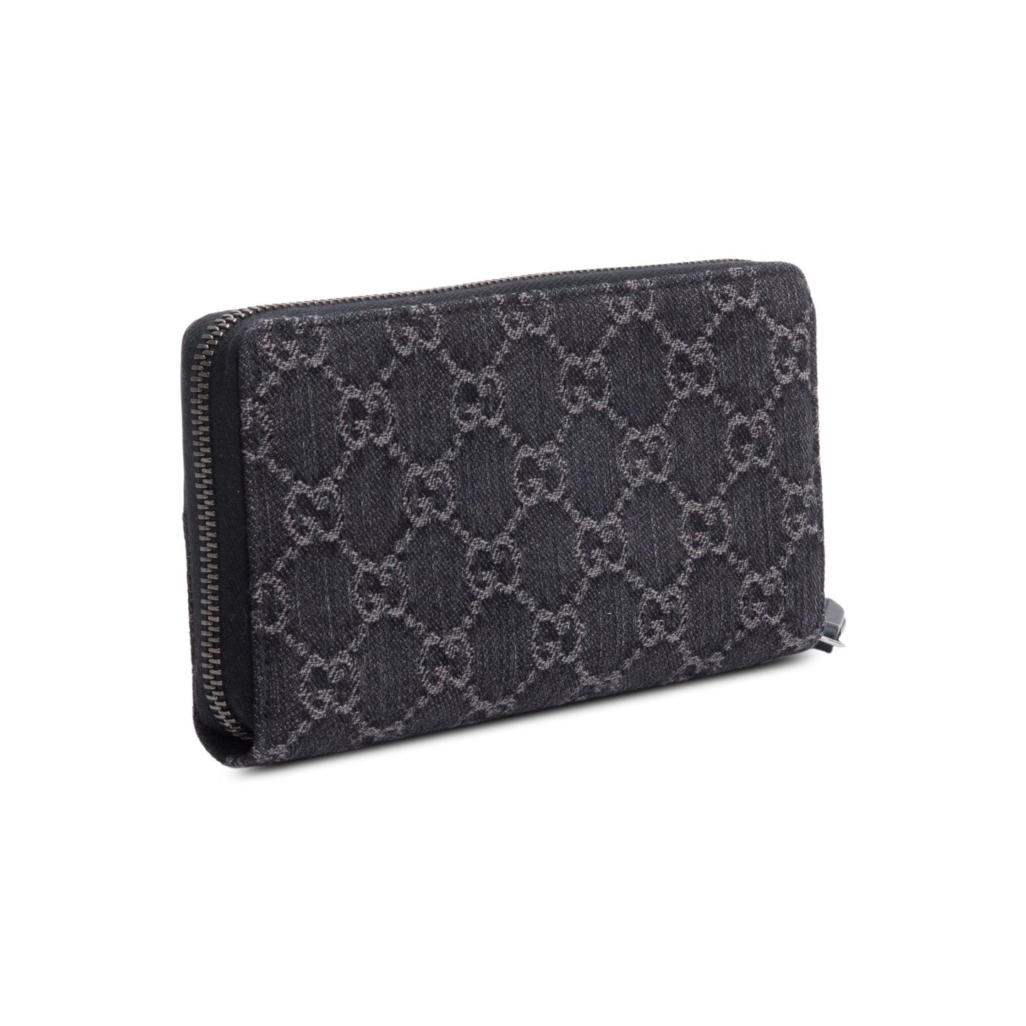 Gucci Black Leather Denim GG Marmont Zip Around Wallet