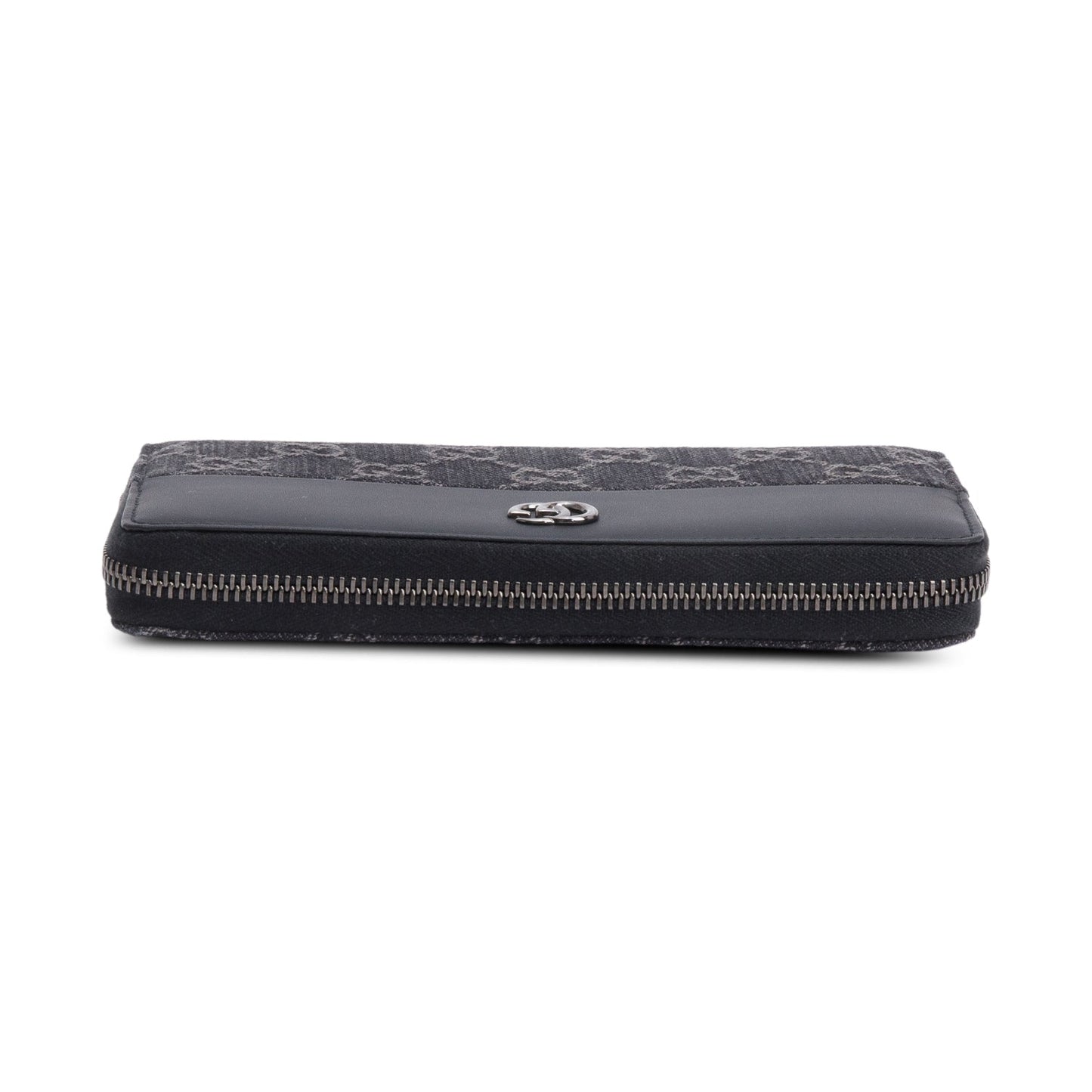 Gucci Black Leather Denim GG Marmont Zip Around Wallet