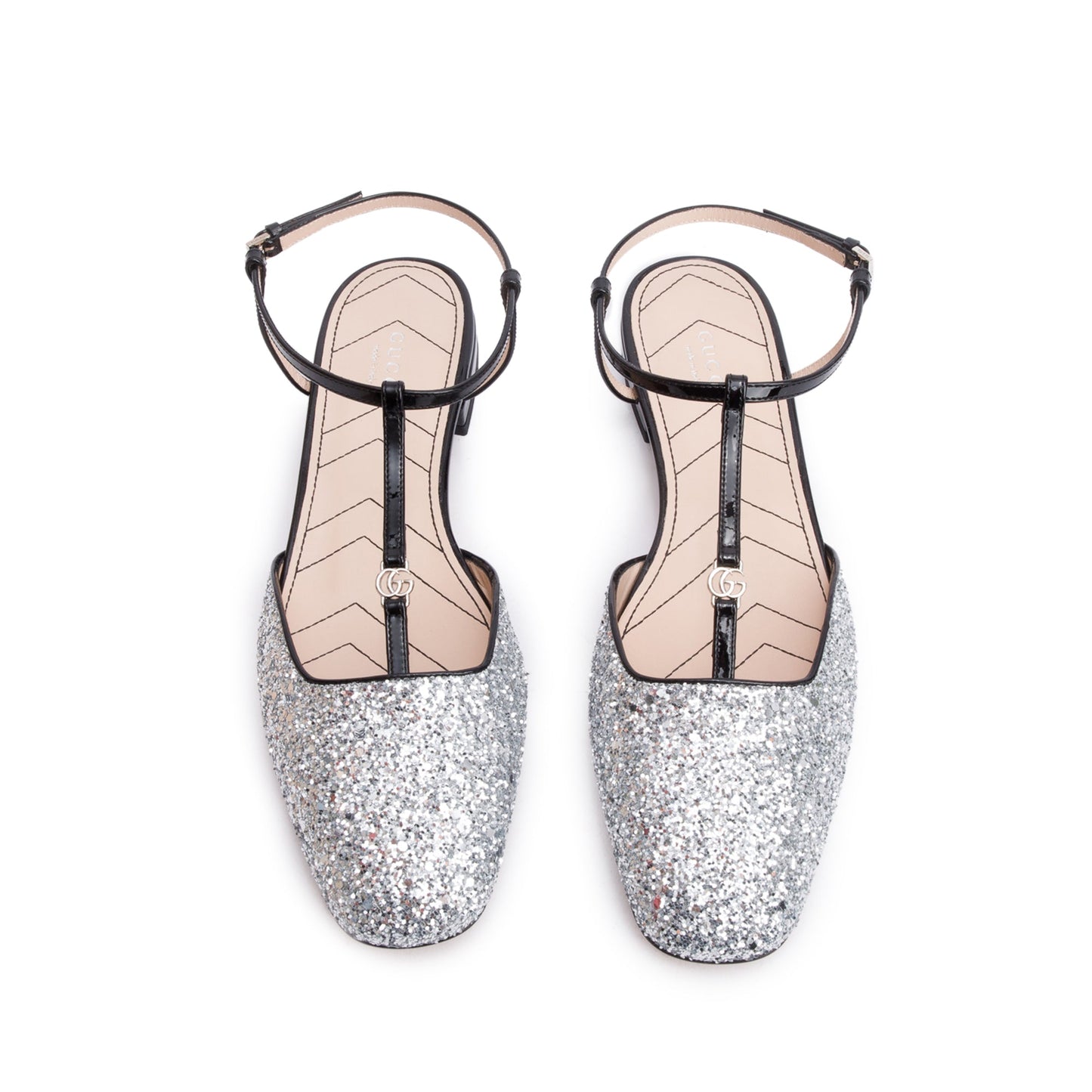 Gucci Black Patent Leather Silver Glitter Double G Logo Slingback Ballet Flats, Size 39.5