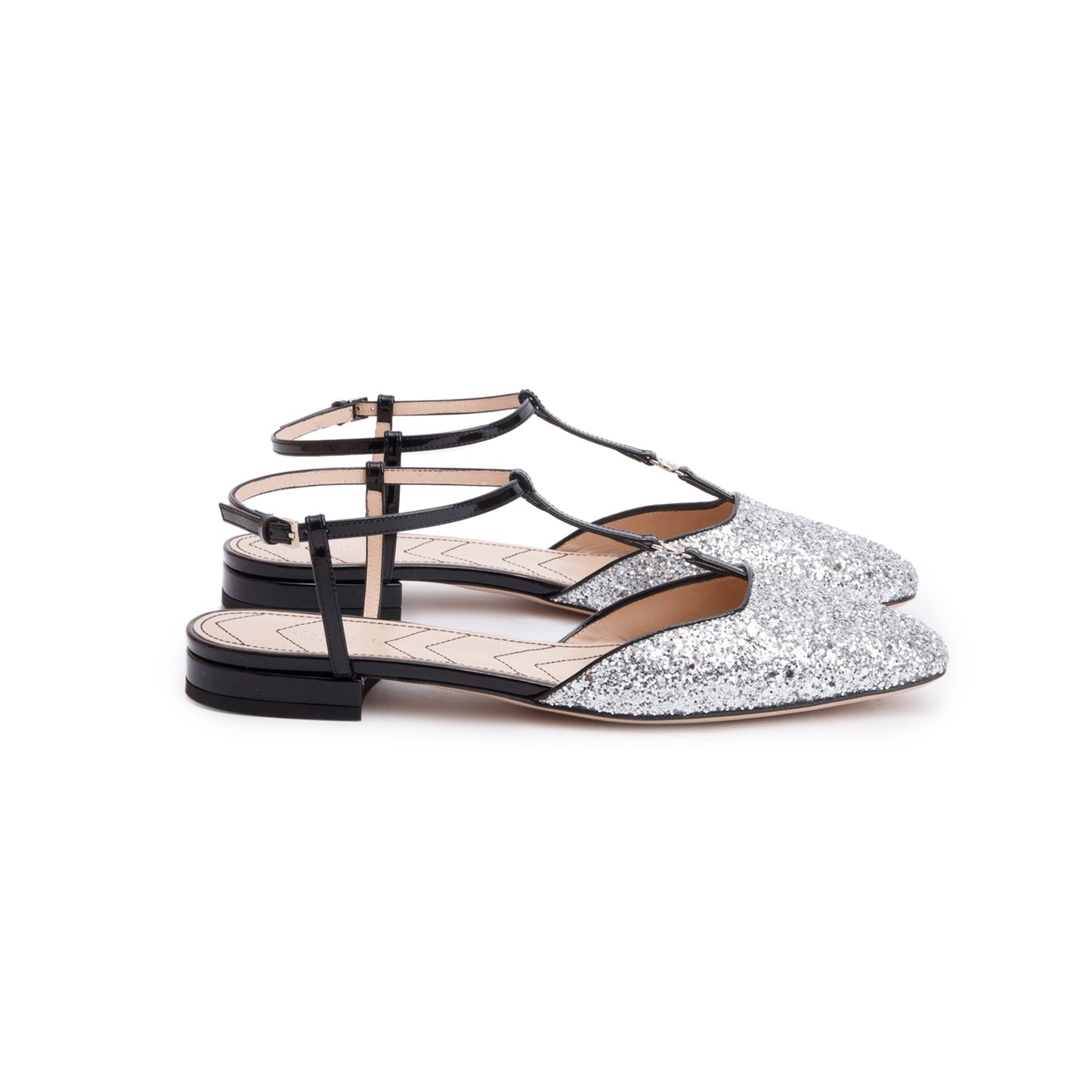 Gucci Black Patent Leather Silver Glitter Double G Logo Slingback Ballet Flats, Size 39.5