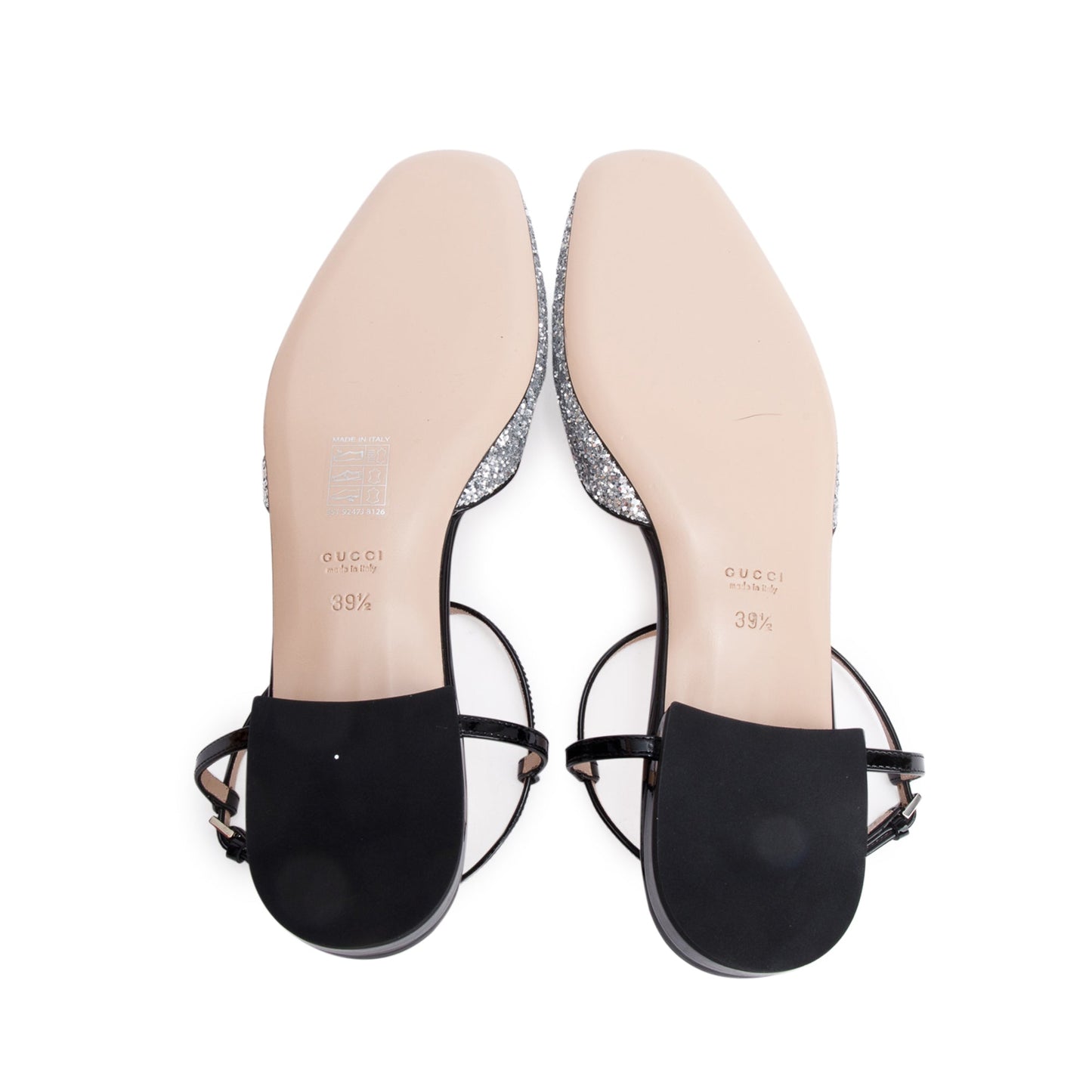 Gucci Black Patent Leather Silver Glitter Double G Logo Slingback Ballet Flats, Size 39.5
