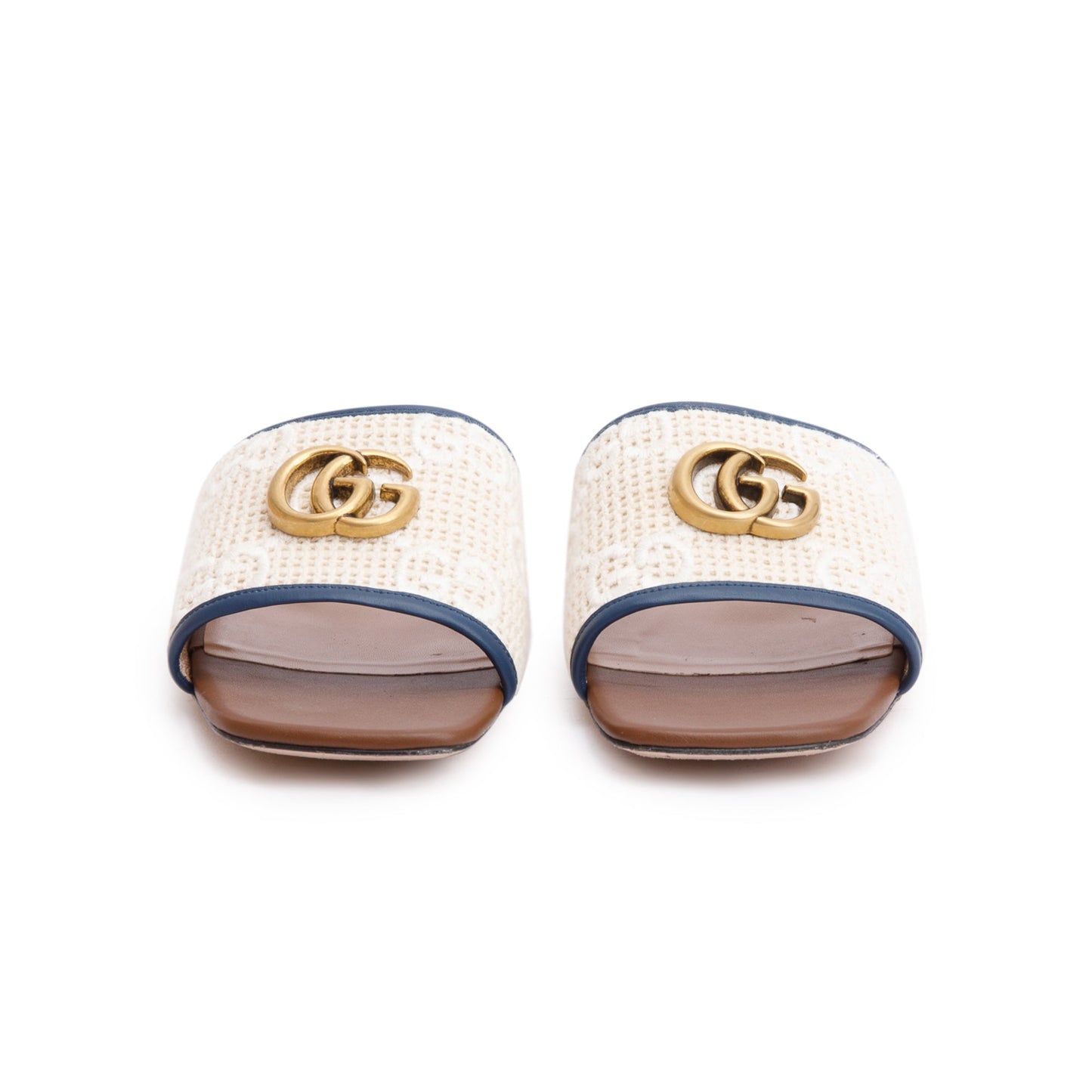 Gucci Leather Trimmed Crochet Raffia Double G Logo Slide Sandals, Size 39.5