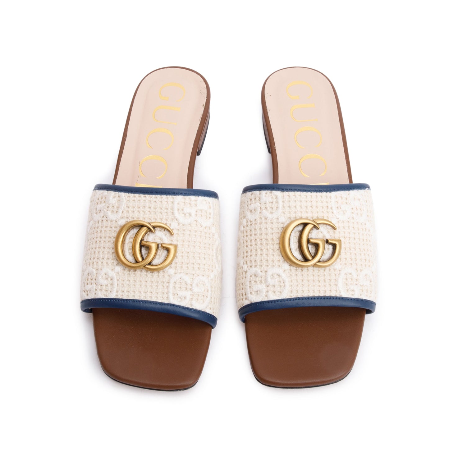 Gucci Leather Trimmed Crochet Raffia Double G Logo Slide Sandals, Size 39.5