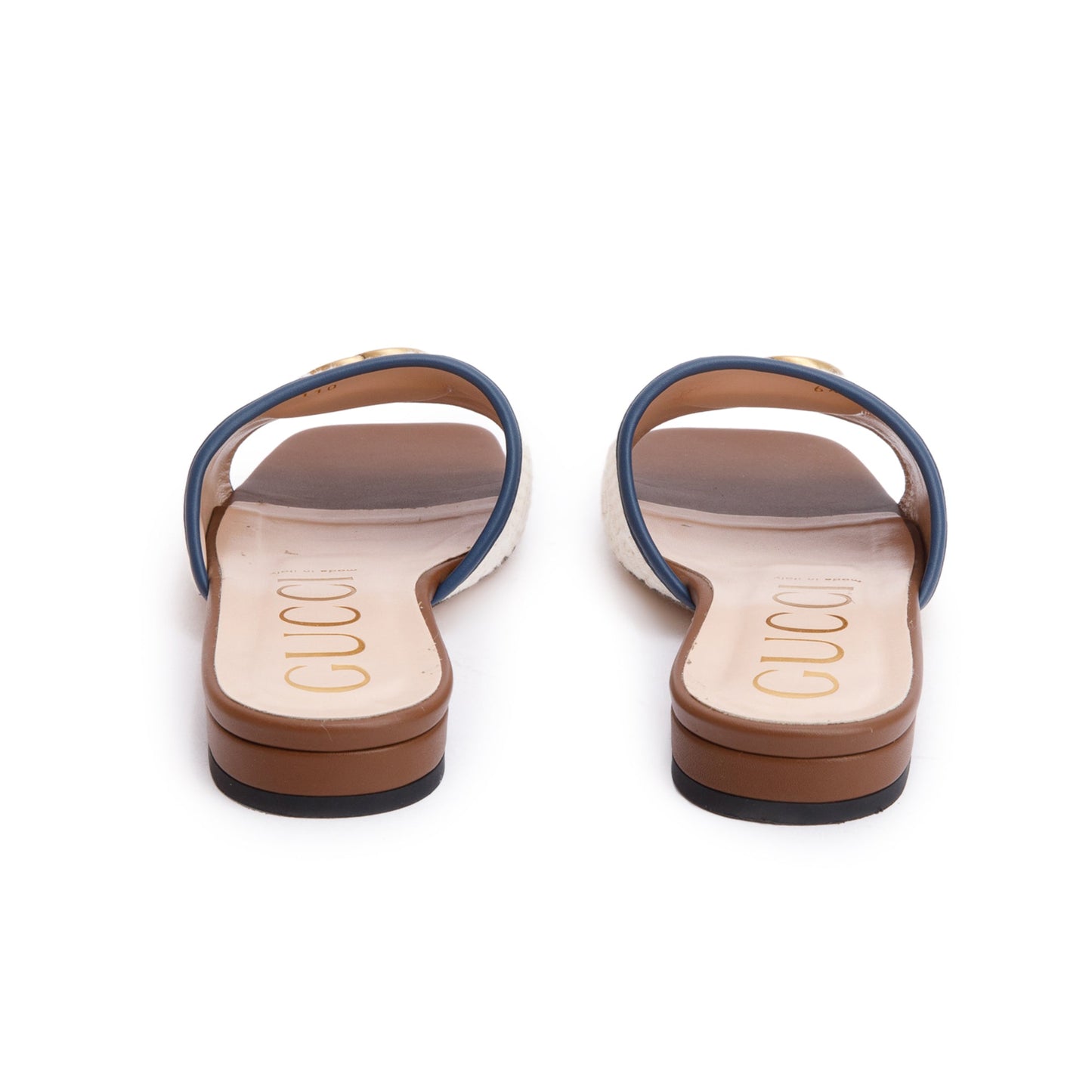 Gucci Leather Trimmed Crochet Raffia Double G Logo Slide Sandals, Size 39.5