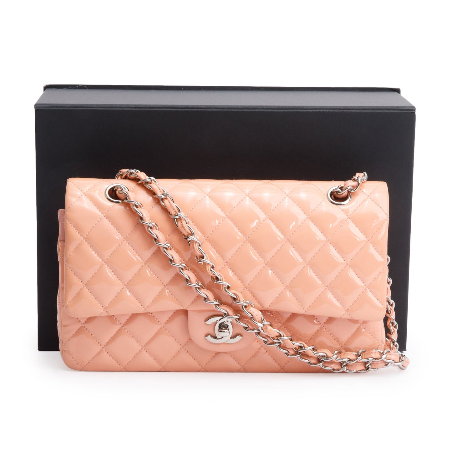 Chanel Peach Quilted Patent Leather Classic Medium Double Flap Bag