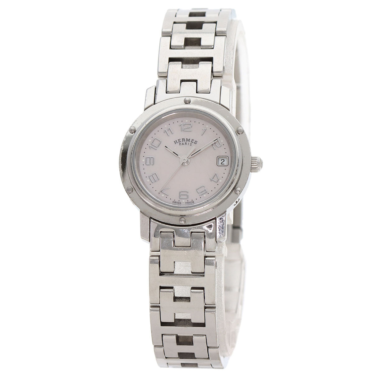 HERMES Watches Quartz CL4.210 Stainless Steel , Stainless Steel Silver Clipper Nacle New Buckle Pink shell dial Women