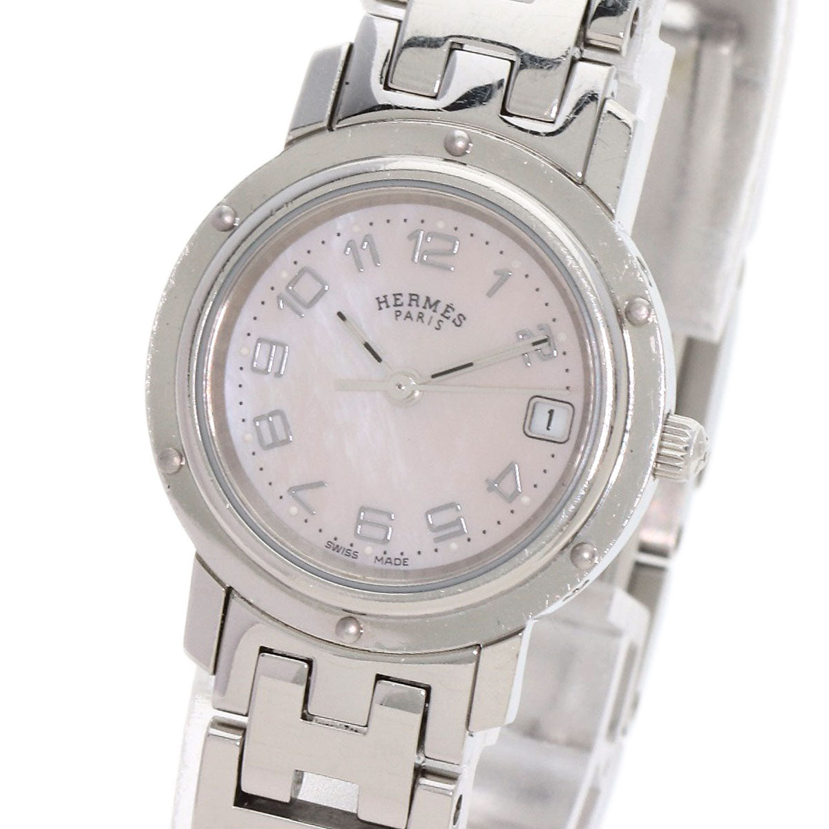 HERMES Watches Quartz CL4.210 Stainless Steel , Stainless Steel Silver Clipper Nacle New Buckle Pink shell dial Women