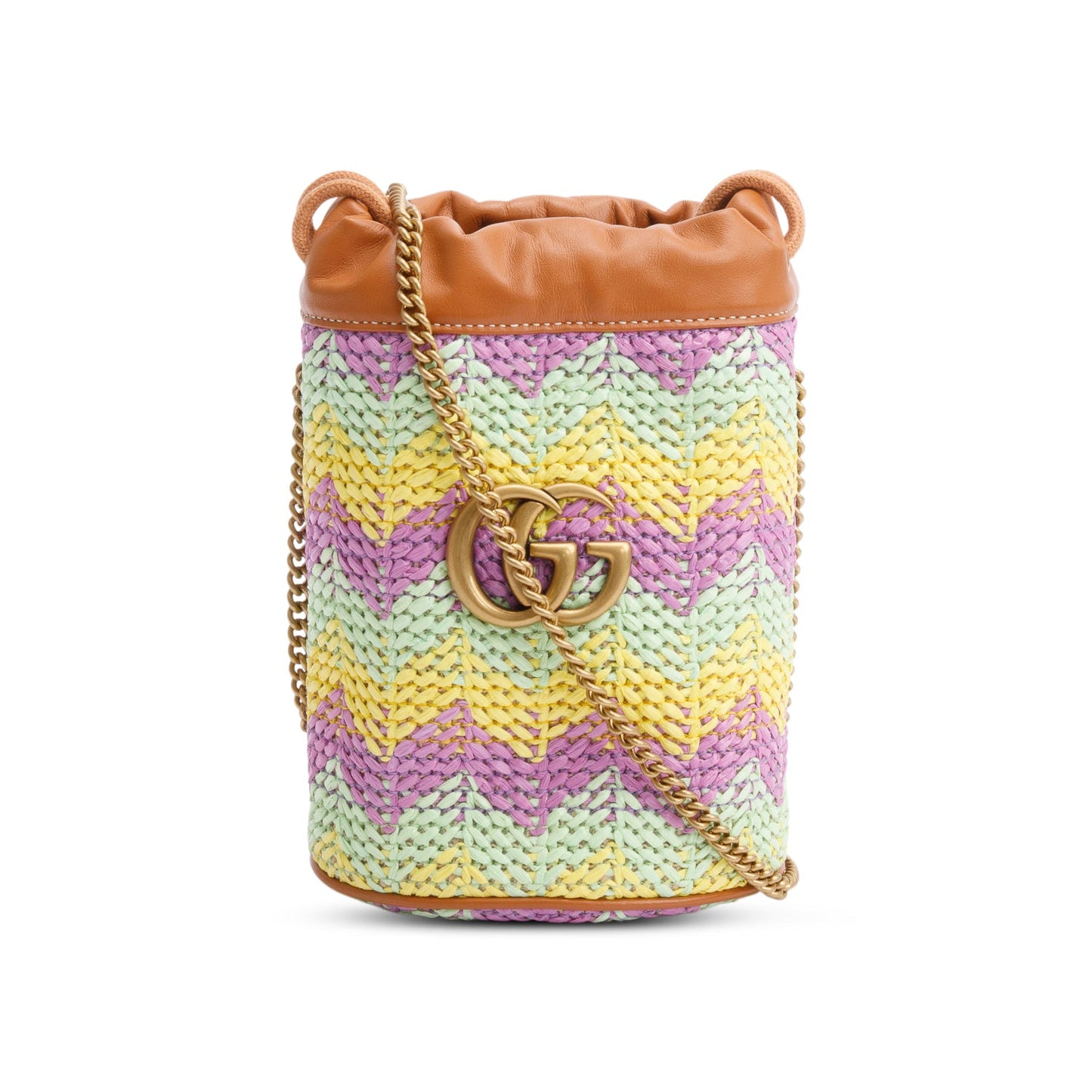 Gucci Brown Leather Multicolor Chevron Knit Raffia GG Marmont Mini Bucket Bag