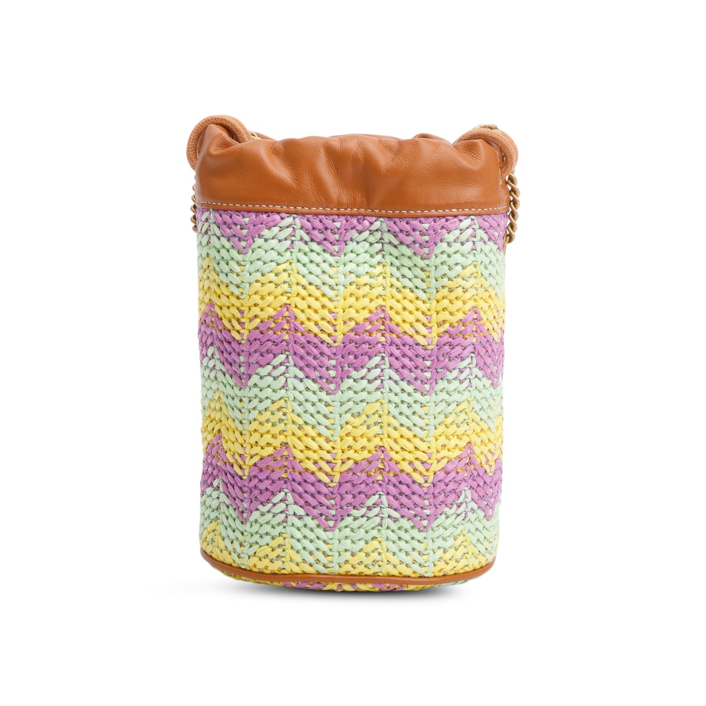 Gucci Brown Leather Multicolor Chevron Knit Raffia GG Marmont Mini Bucket Bag