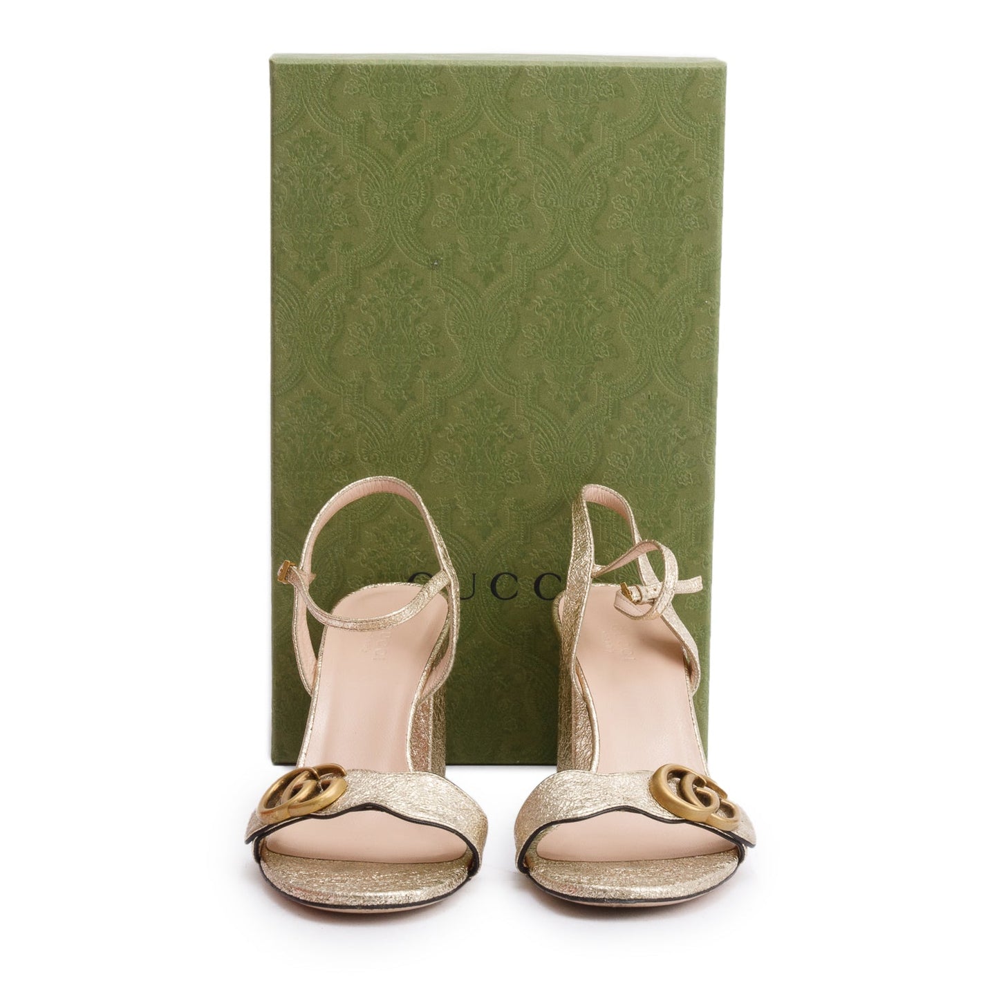 Gucci Gold Metallic Galassia GG Marmont Slingback Sandals, Size 39
