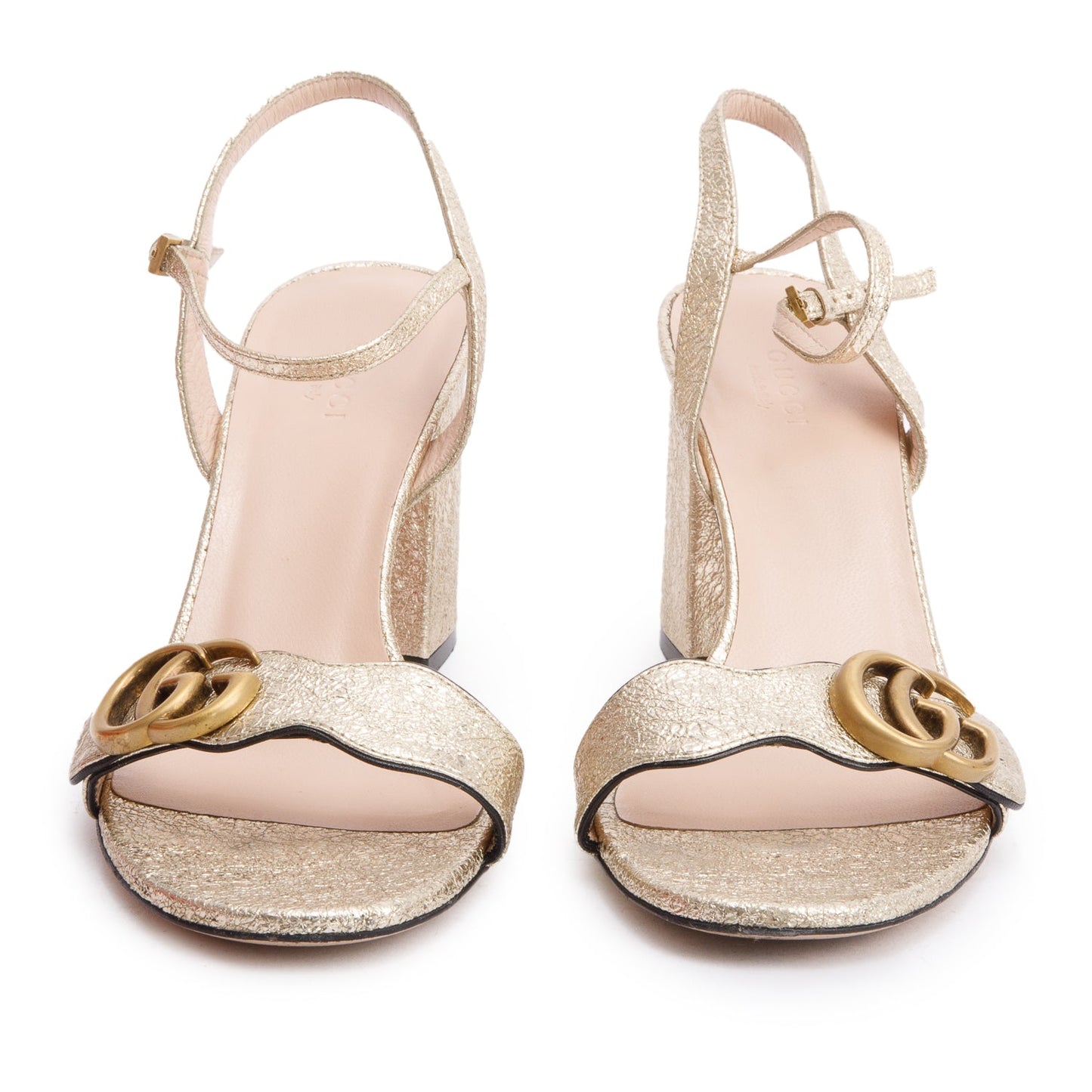 Gucci Gold Metallic Galassia GG Marmont Slingback Sandals, Size 39