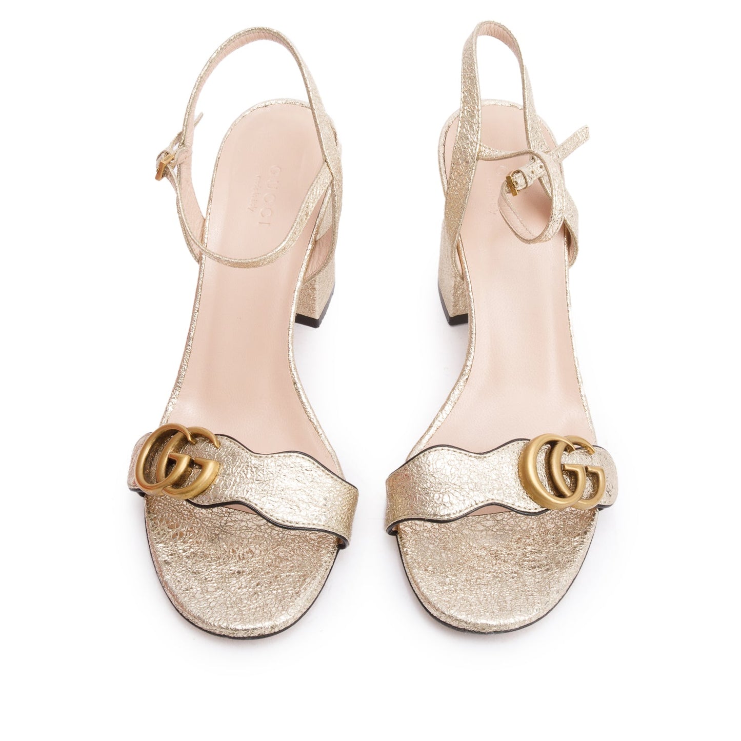 Gucci Gold Metallic Galassia GG Marmont Slingback Sandals, Size 39