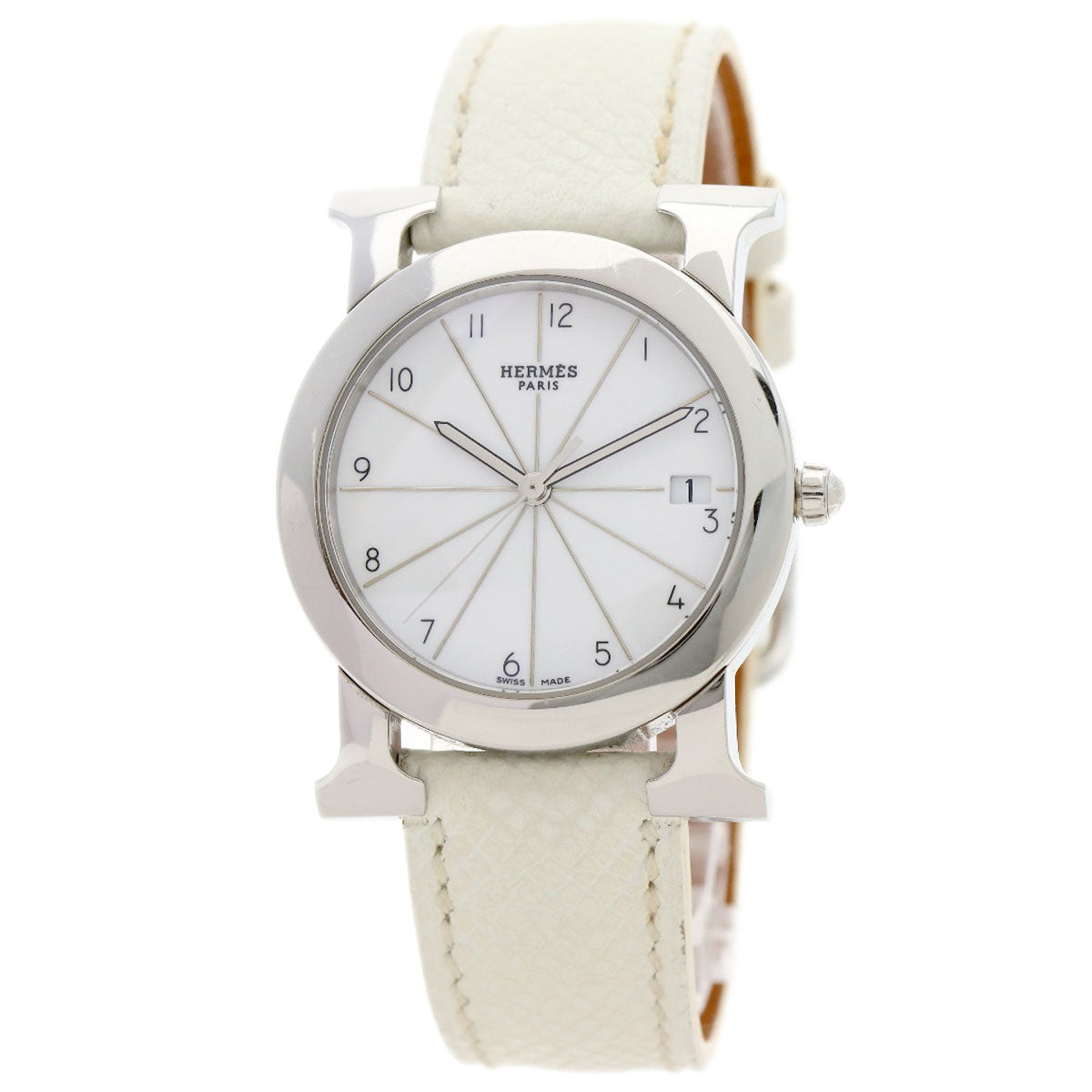 HERMES Watches Quartz HR1.510 Stainless Steel, Leather Silver H watch Rondo white dial Women