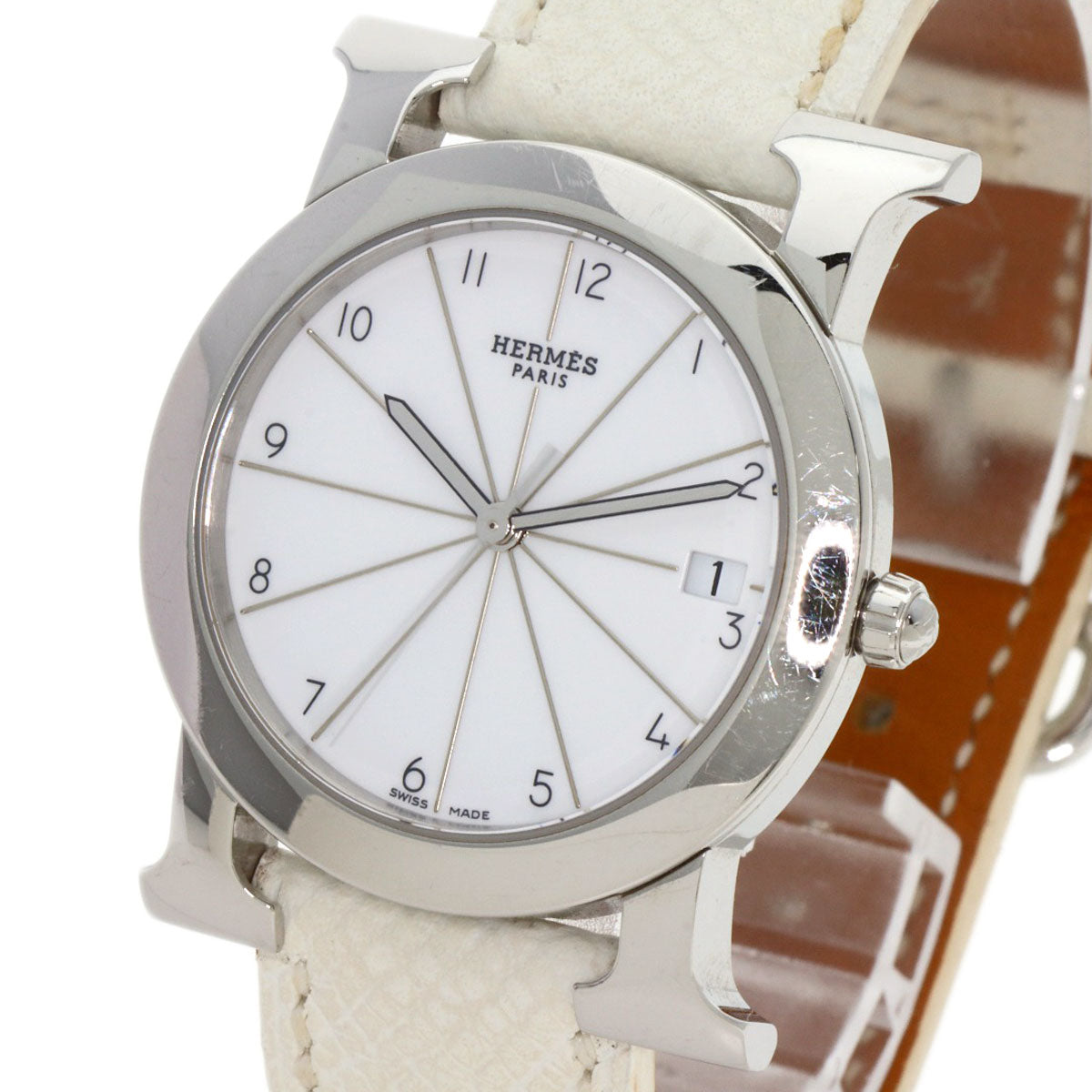 HERMES Watches Quartz HR1.510 Stainless Steel, Leather Silver H watch Rondo white dial Women