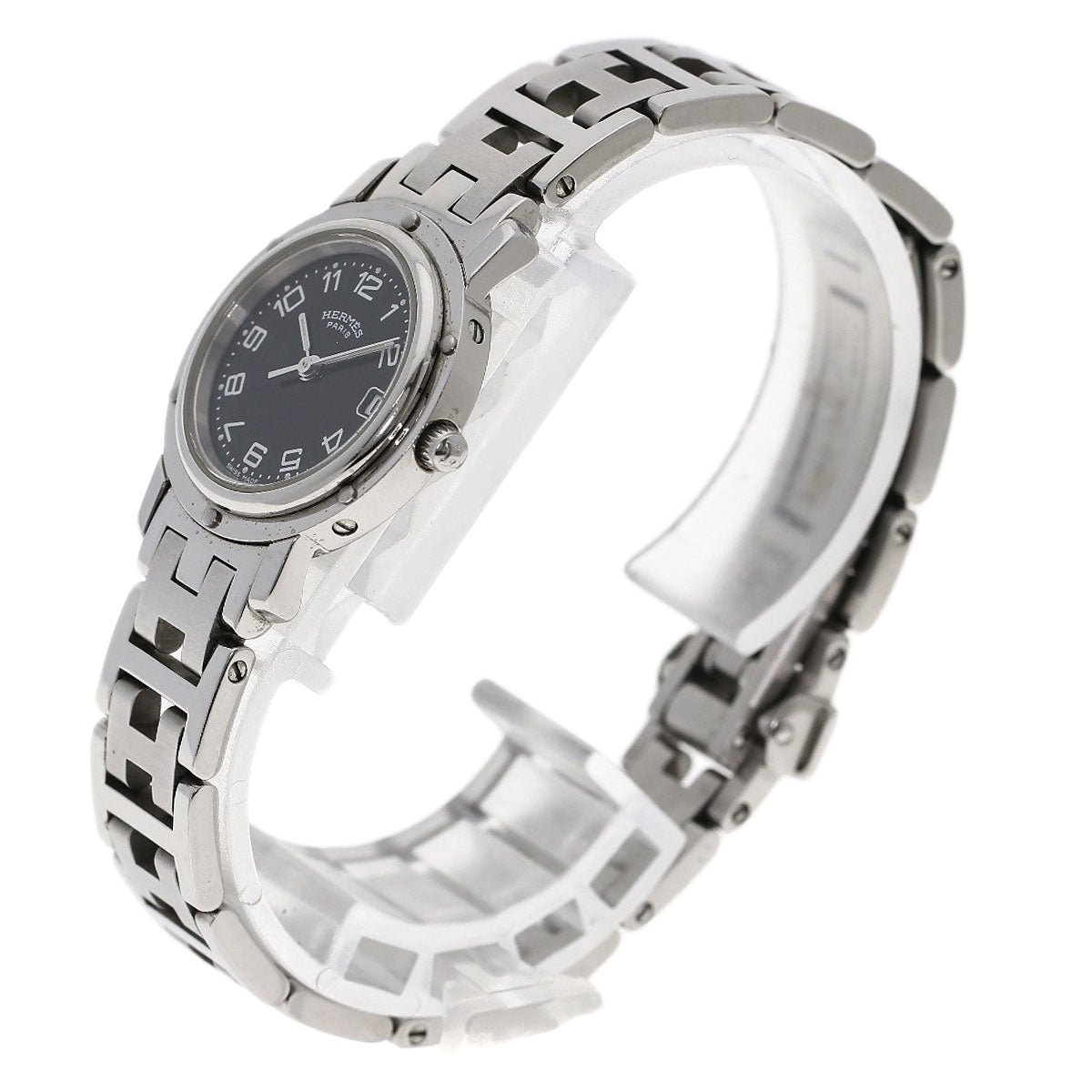 HERMES Watches Quartz CL4.210 Stainless Steel , Stainless Steel Silver Clipper black dial Women