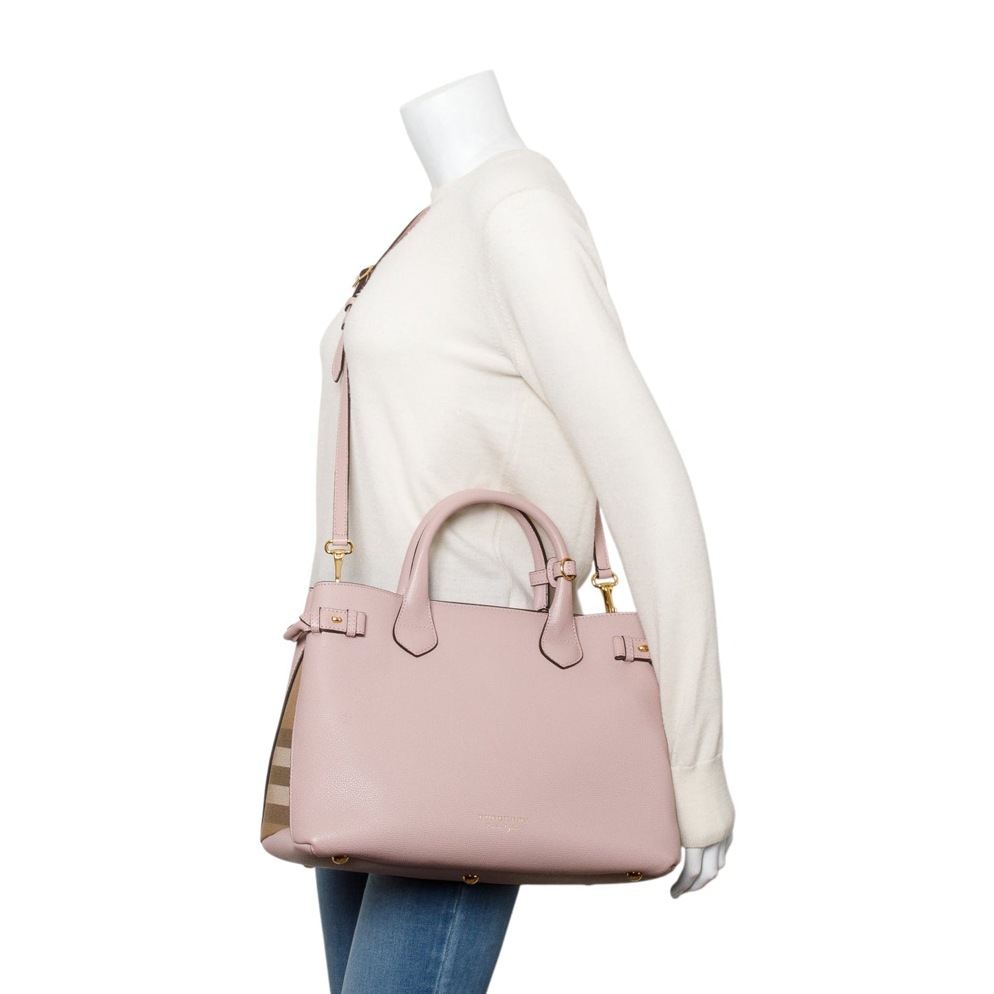 Burberry Pink Calfskin Leather House Check Medium Banner Tote