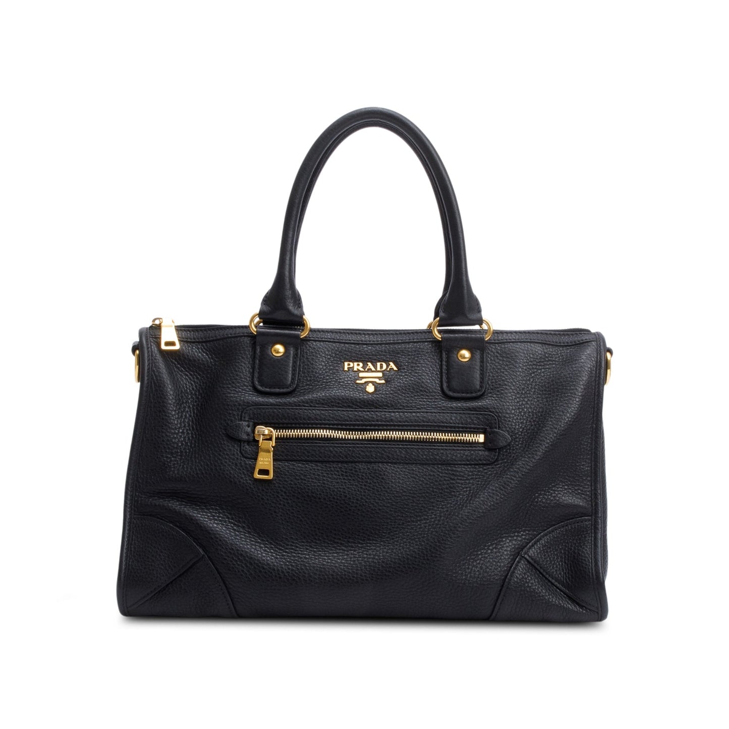 Prada Black Vitello Daino Leather Zip Convertible Tote