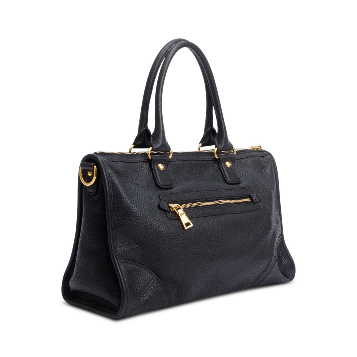 Prada Black Vitello Daino Leather Zip Convertible Tote