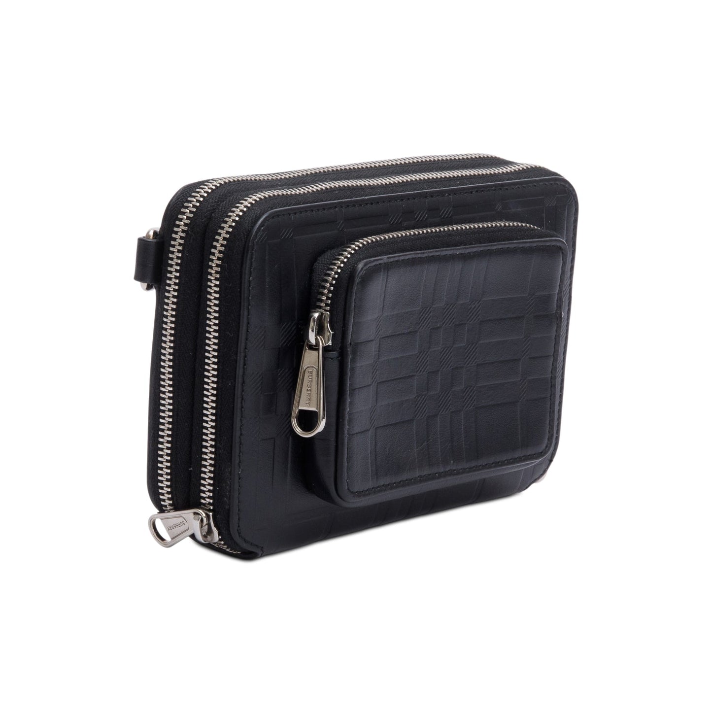 Burberry 2022 Black Check Embossed Calfskin Leather Double Zip Crossbody Bag