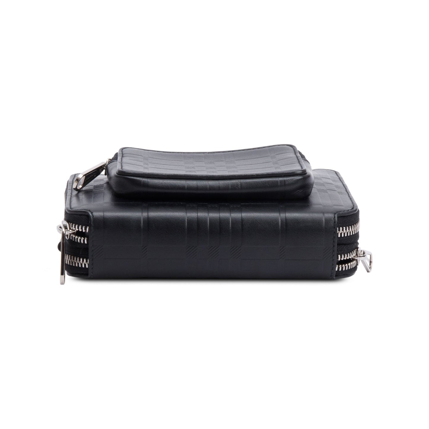 Burberry 2022 Black Check Embossed Calfskin Leather Double Zip Crossbody Bag