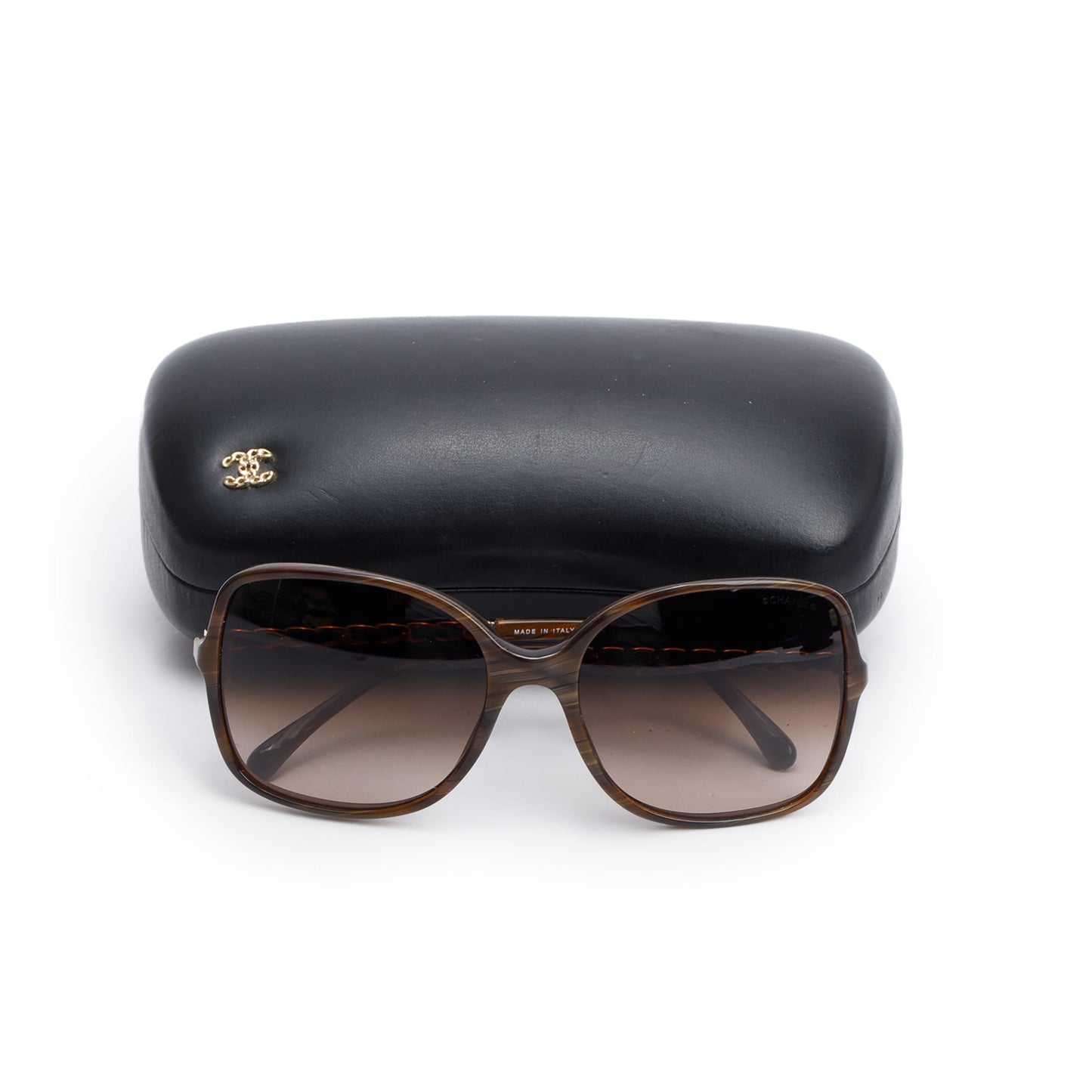 Chanel 5210-Q Chain Link Leather Interlocking CC Accent Square Sunglasses