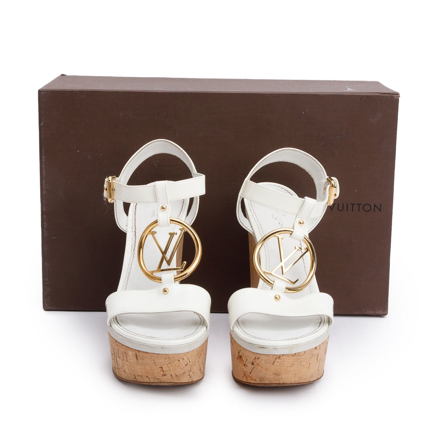 Louis Vuitton White Vernis Leather LV Logo Wedge Sandals, Size 36