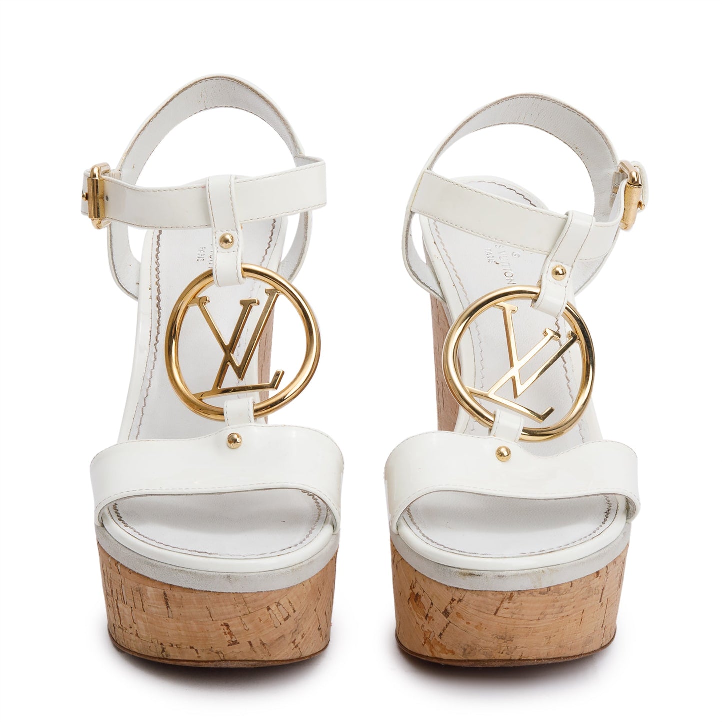 Louis Vuitton White Vernis Leather LV Logo Wedge Sandals, Size 36