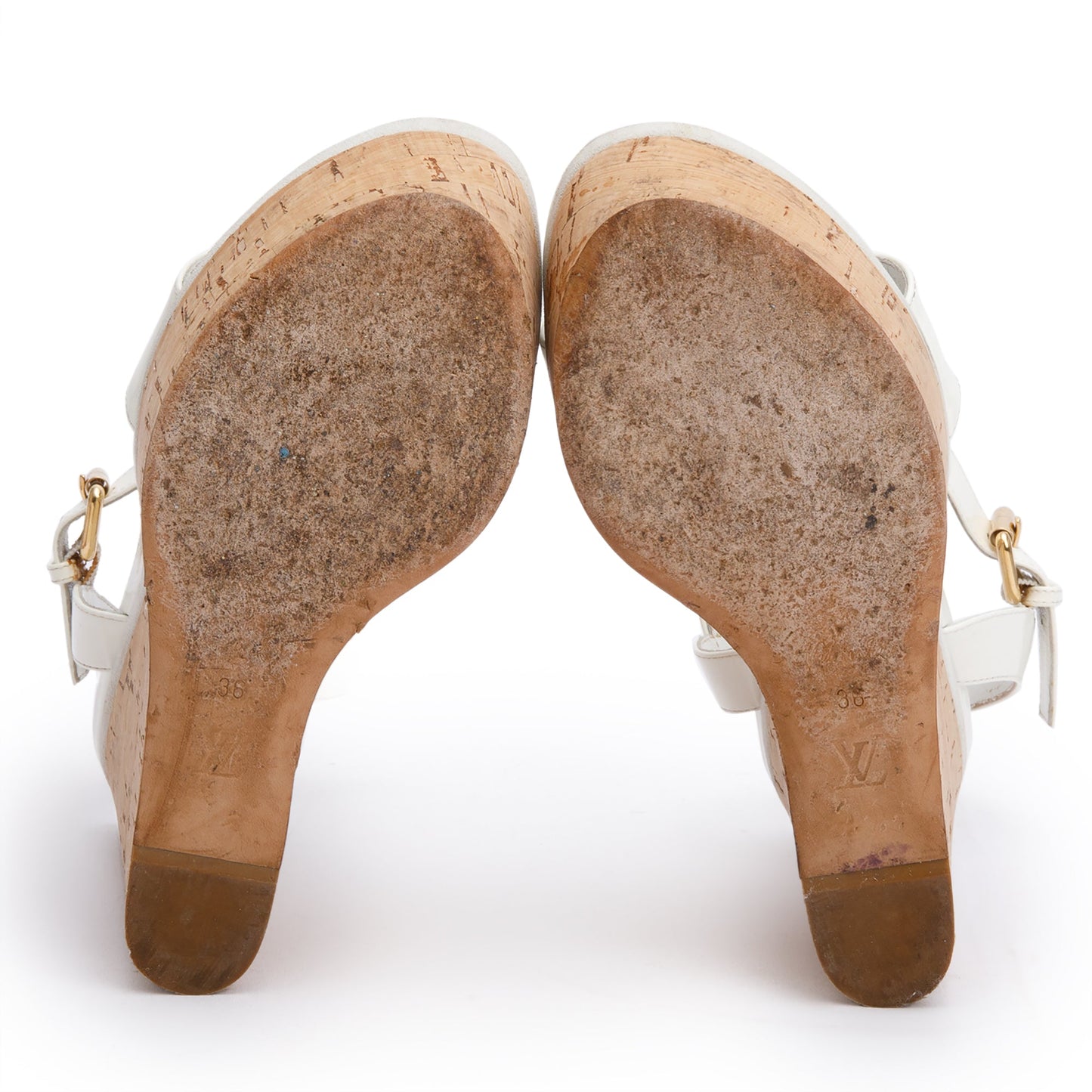 Louis Vuitton White Vernis Leather LV Logo Wedge Sandals, Size 36