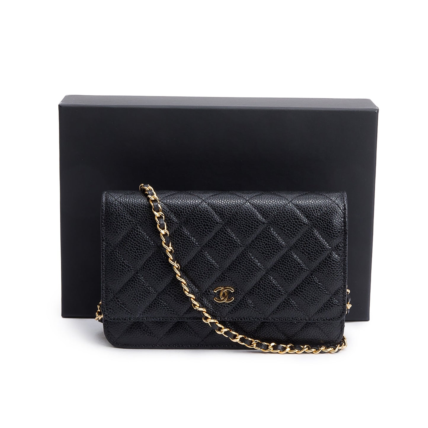 Chanel 2021 Black Quilted Caviar Leather Classic Wallet on Chain
