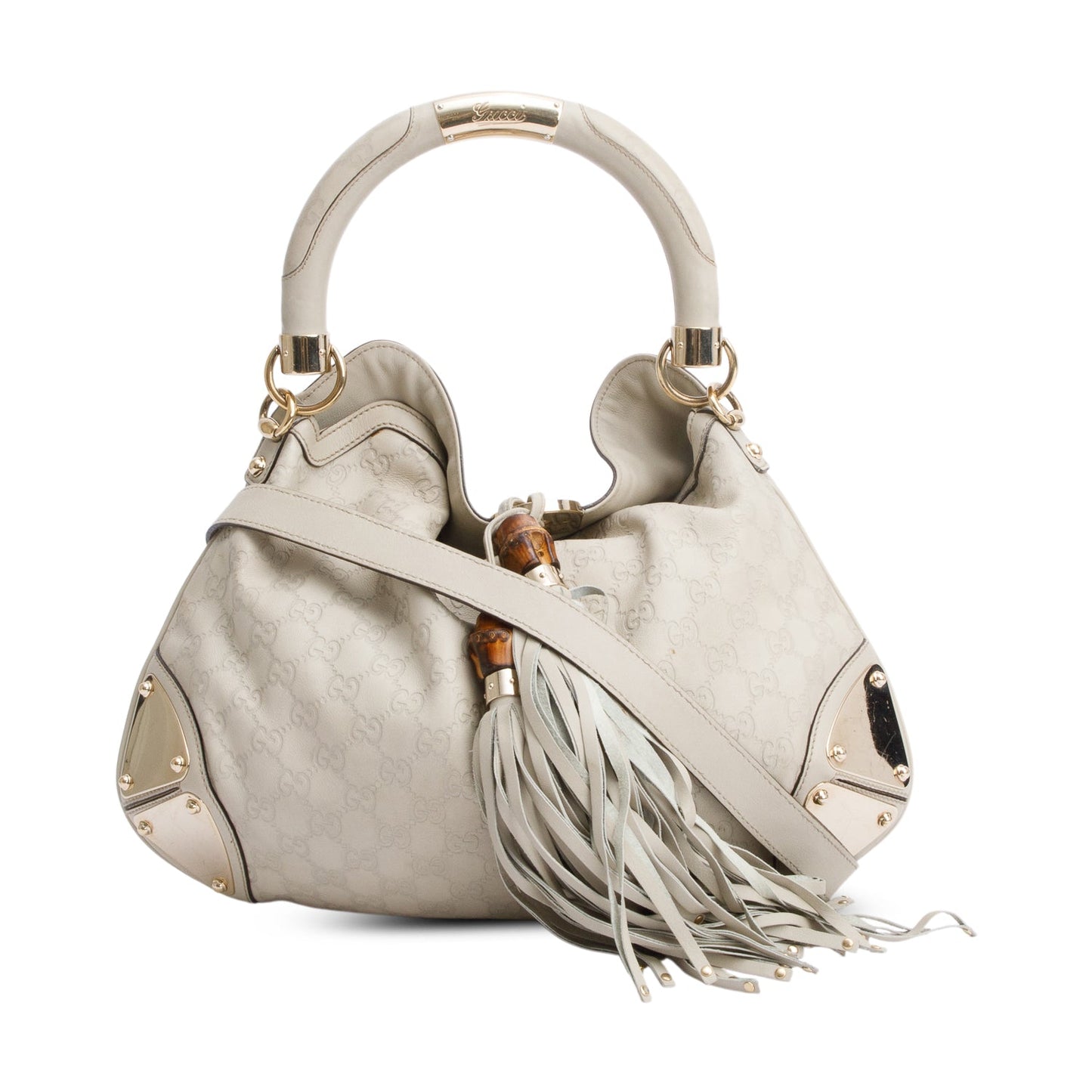 Gucci Ivory Guccissima Leather Medium Bamboo Indy Tassel Hobo