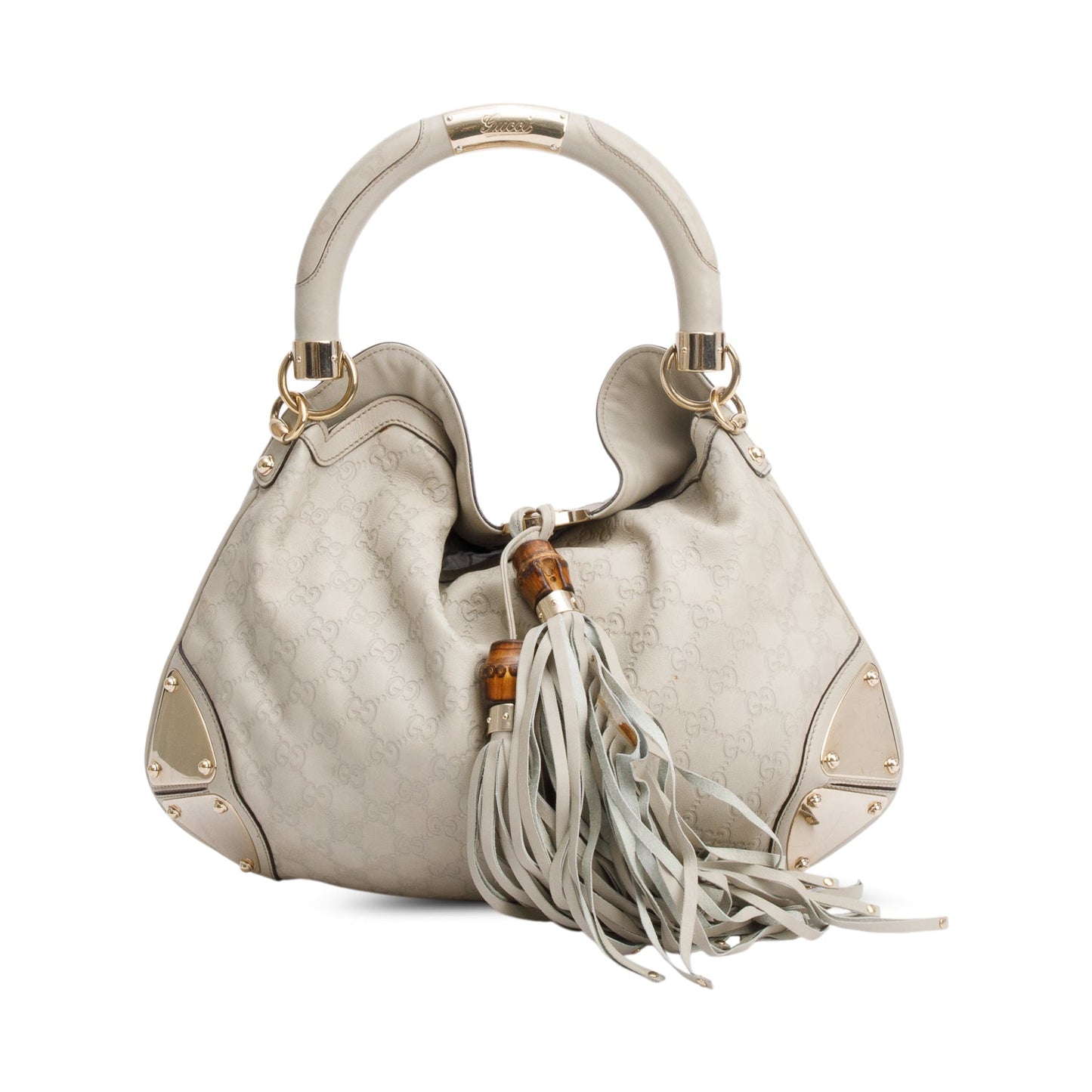 Gucci Ivory Guccissima Leather Medium Bamboo Indy Tassel Hobo