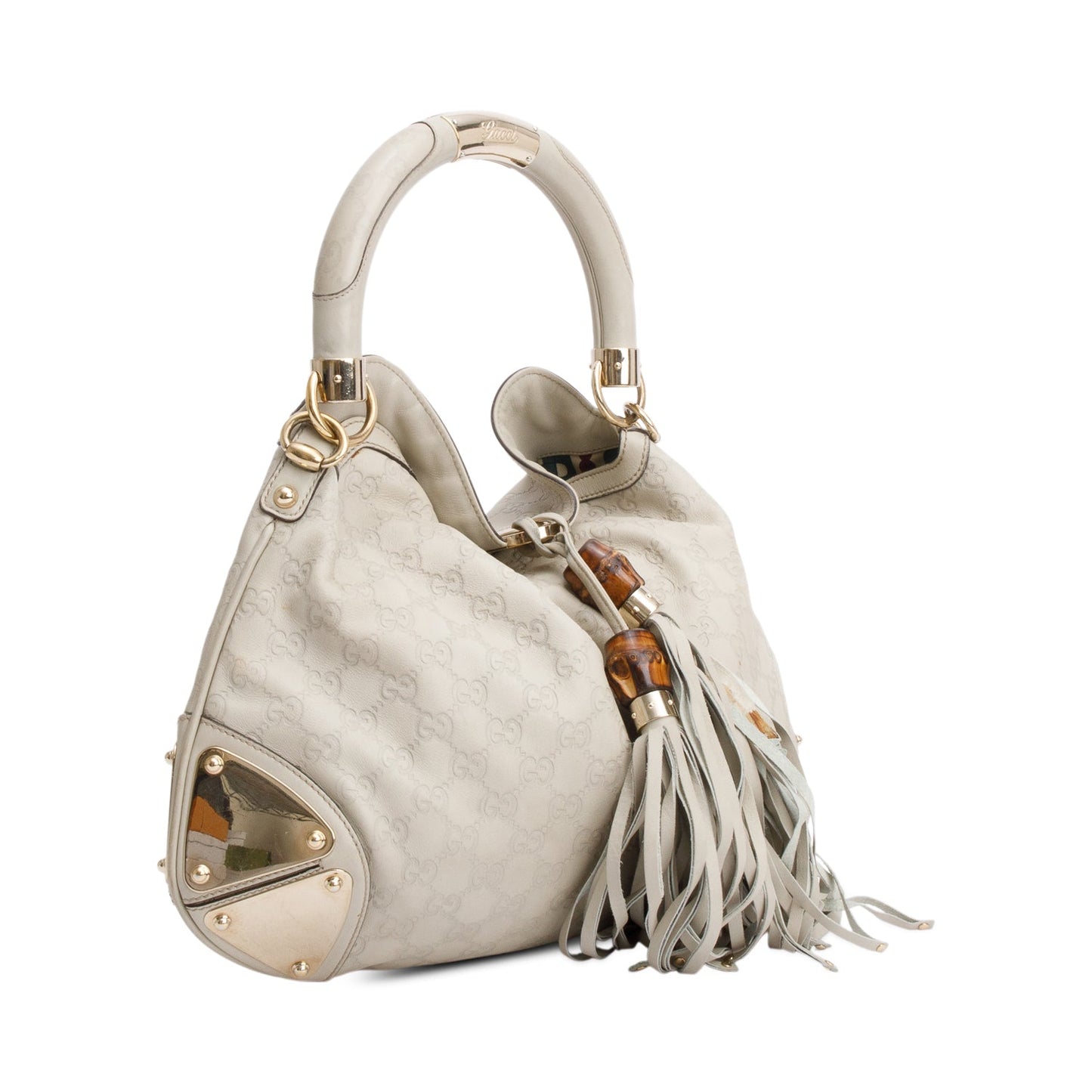 Gucci Ivory Guccissima Leather Medium Bamboo Indy Tassel Hobo