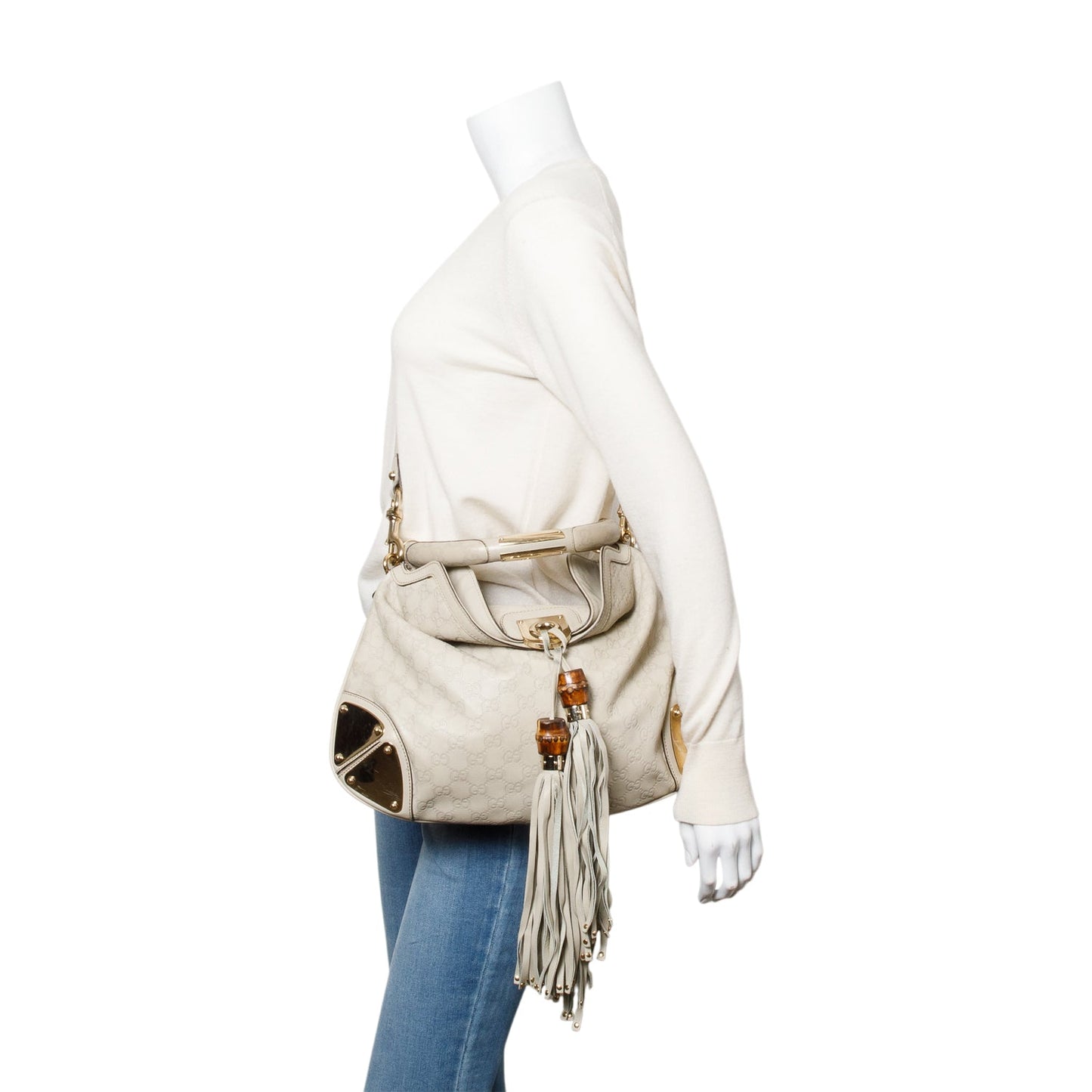 Gucci Ivory Guccissima Leather Medium Bamboo Indy Tassel Hobo