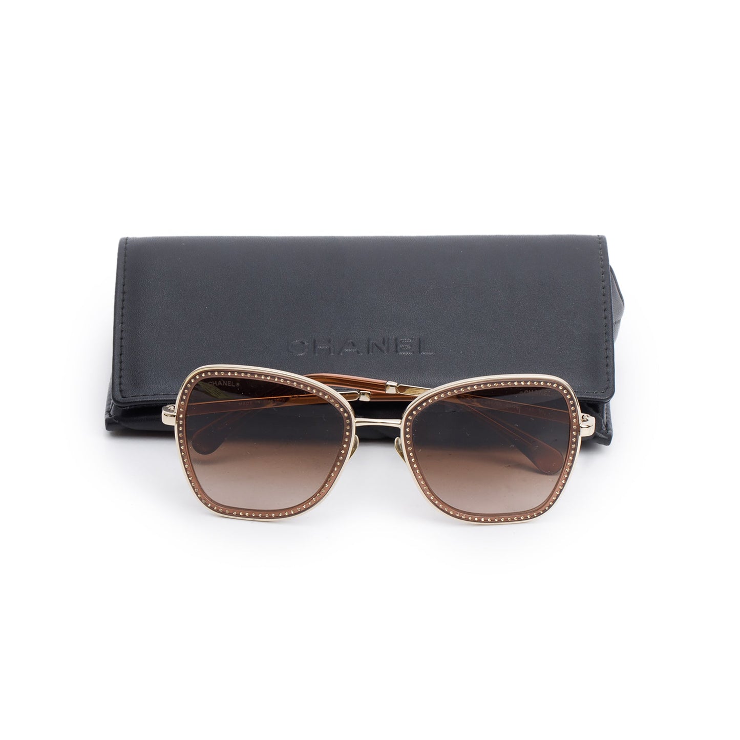 Chanel 4277-B Gold Tone Metal Frame Crystal Accent Square Sunglasses