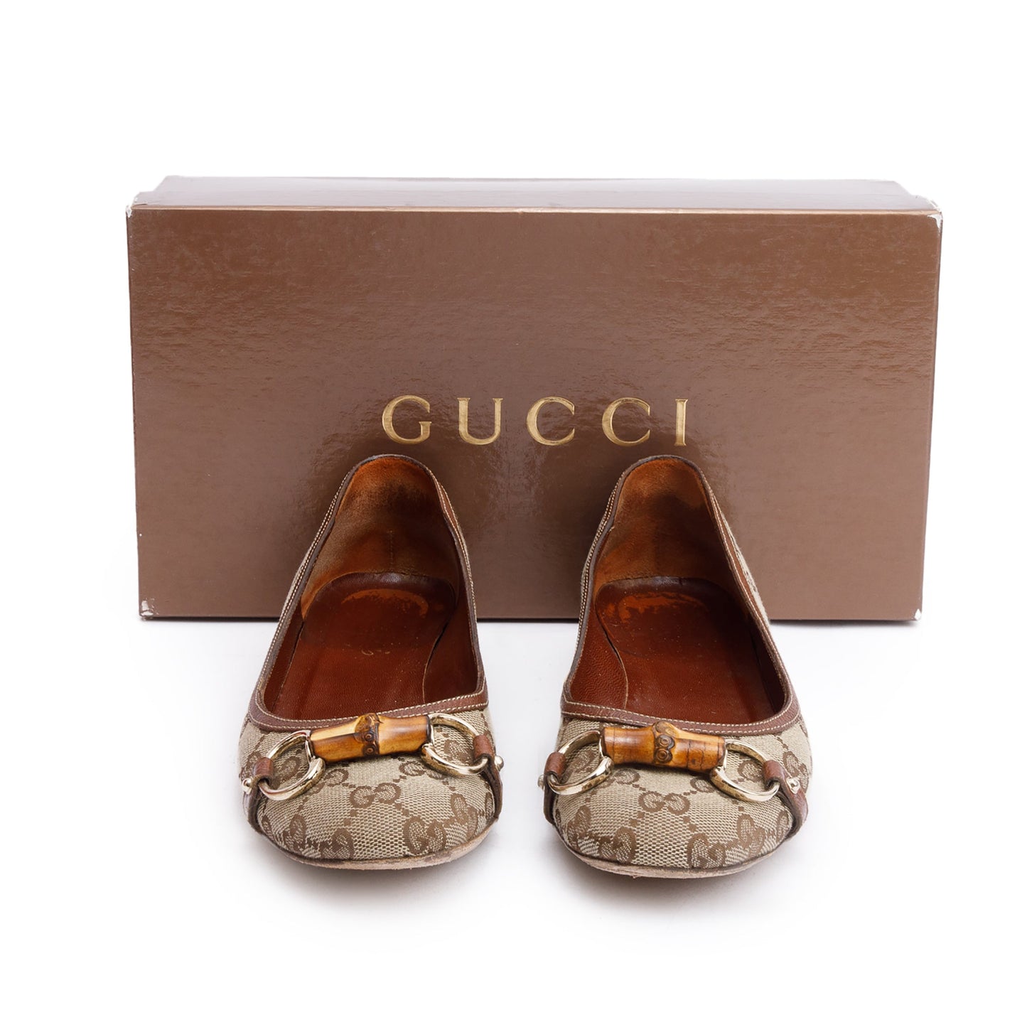 Gucci GG Canvas Horsebit Bamboo Accent Ballet Flats, Size 7.5