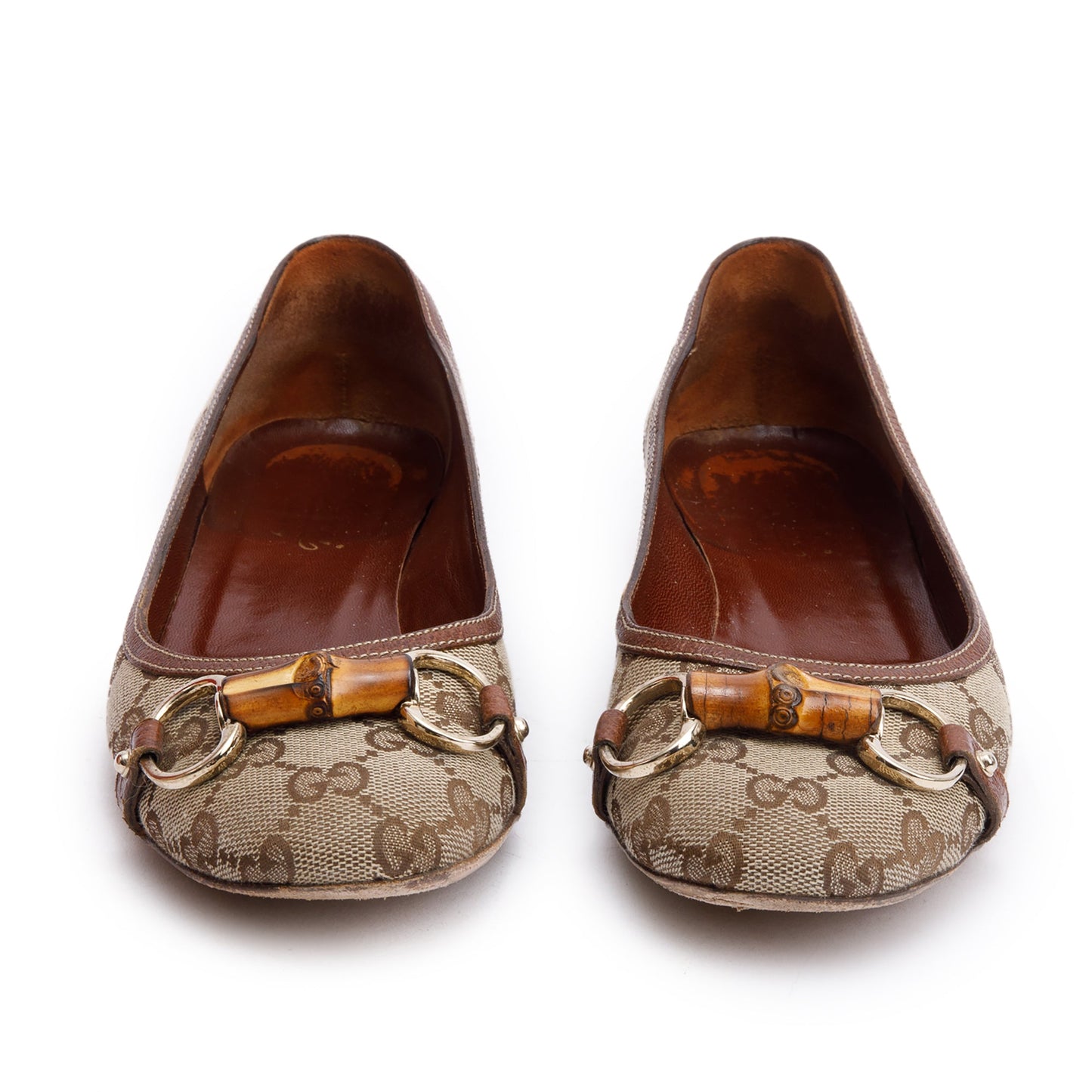 Gucci GG Canvas Horsebit Bamboo Accent Ballet Flats, Size 7.5