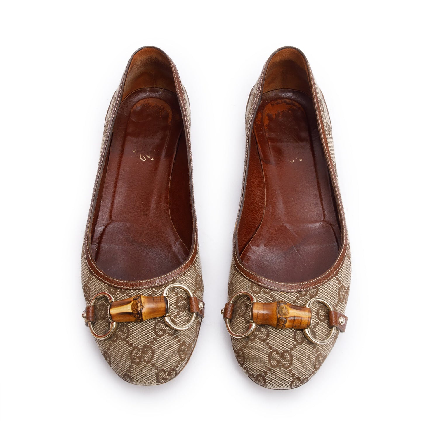 Gucci GG Canvas Horsebit Bamboo Accent Ballet Flats, Size 7.5