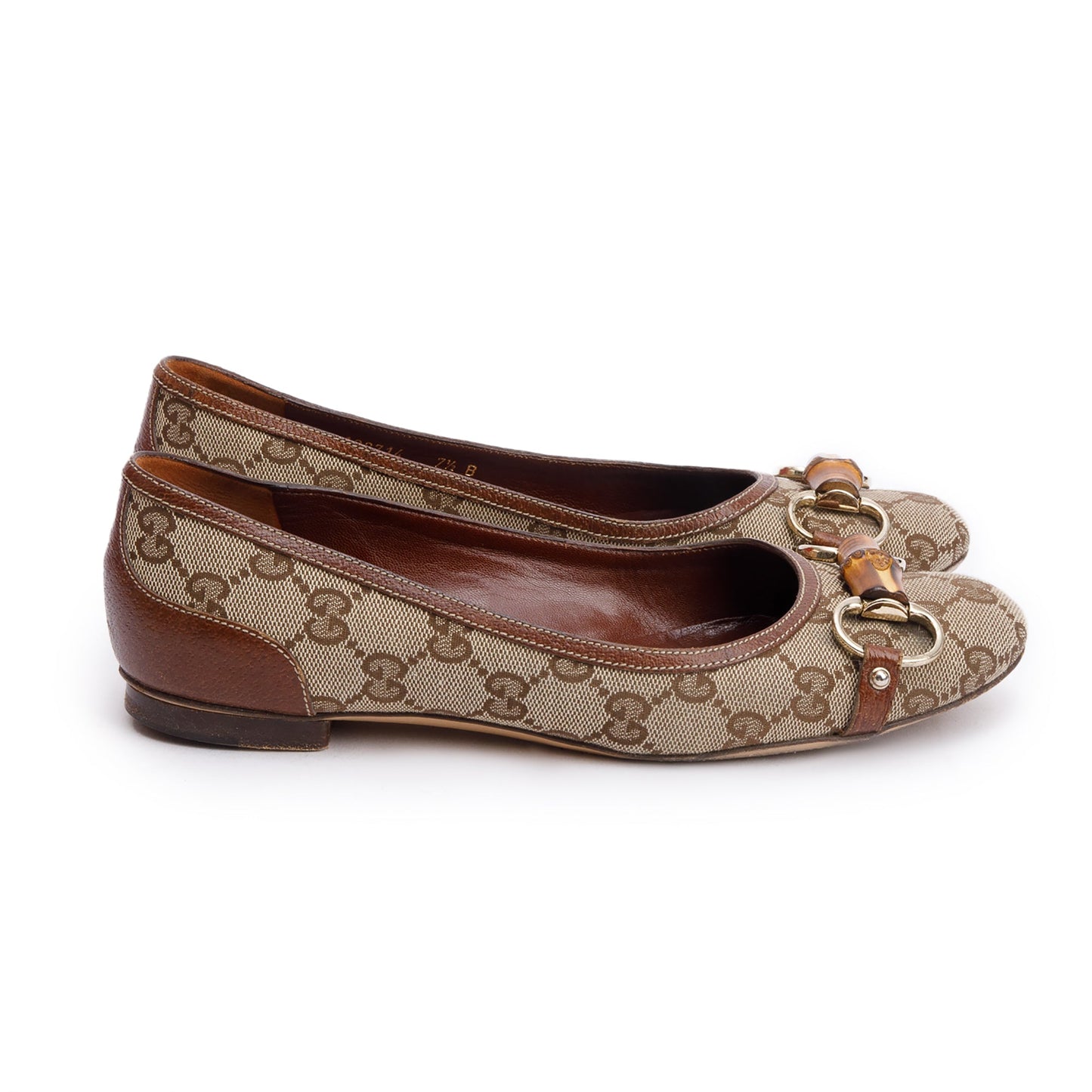 Gucci GG Canvas Horsebit Bamboo Accent Ballet Flats, Size 7.5