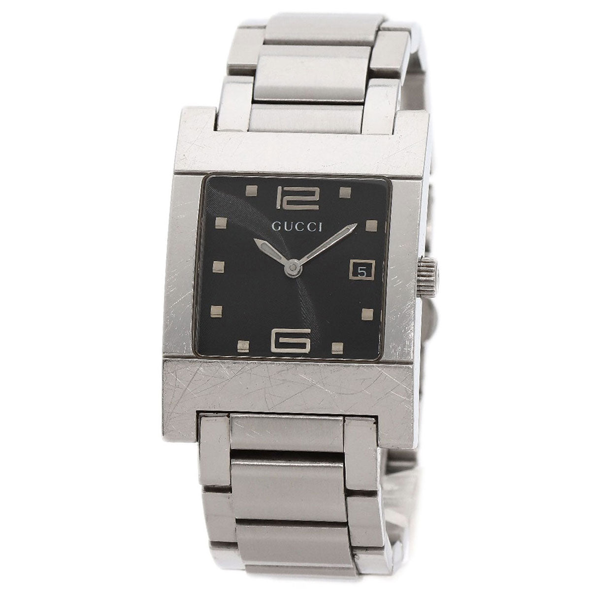 GUCCI Watches Quartz 7700M Stainless Steel , Stainless Steel Silver Square face black dial mens