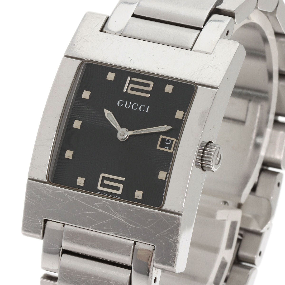 GUCCI Watches Quartz 7700M Stainless Steel , Stainless Steel Silver Square face black dial mens