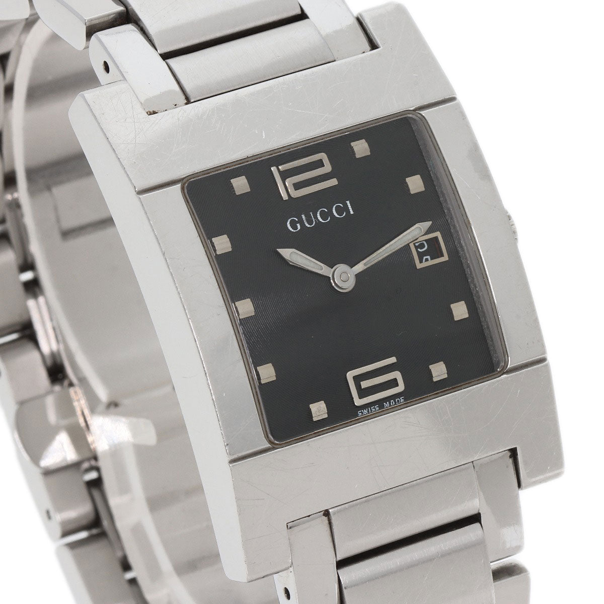 GUCCI Watches Quartz 7700M Stainless Steel , Stainless Steel Silver Square face black dial mens