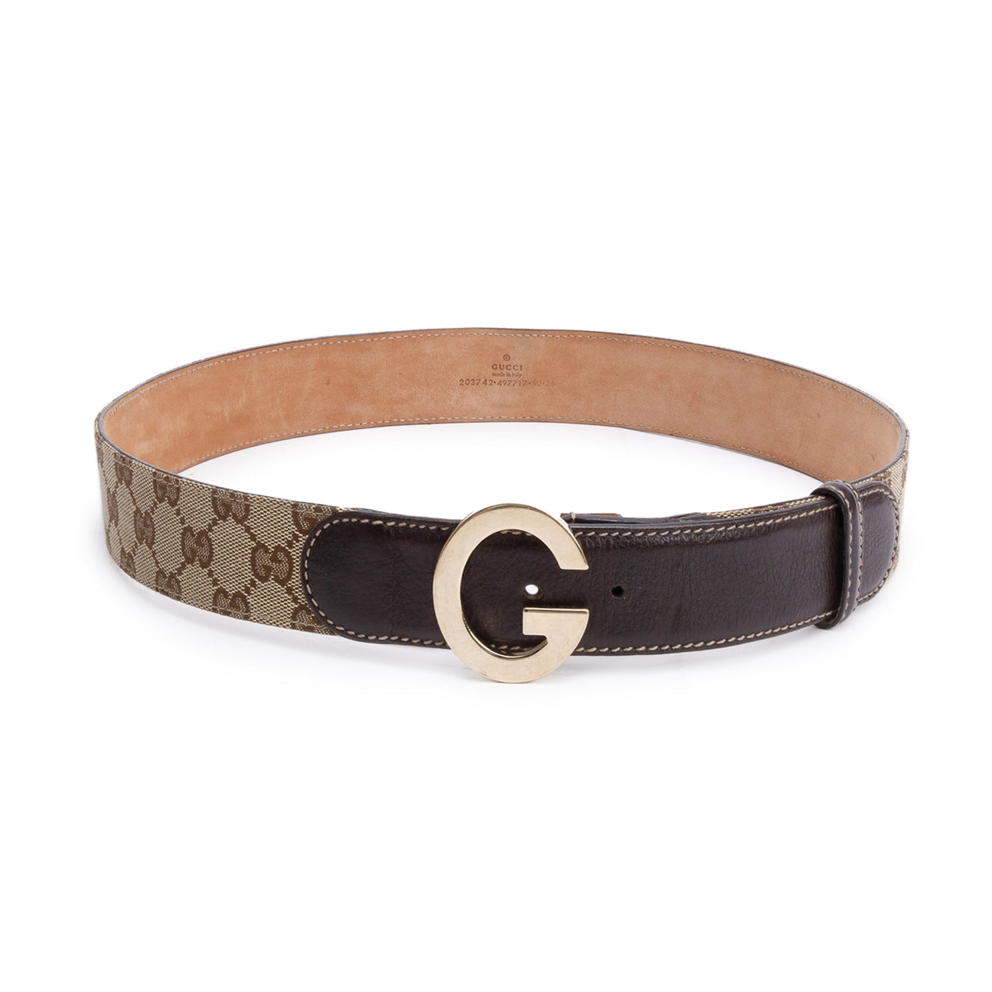 Gucci GG Canvas Brown Leather G Buckle Belt 90 36