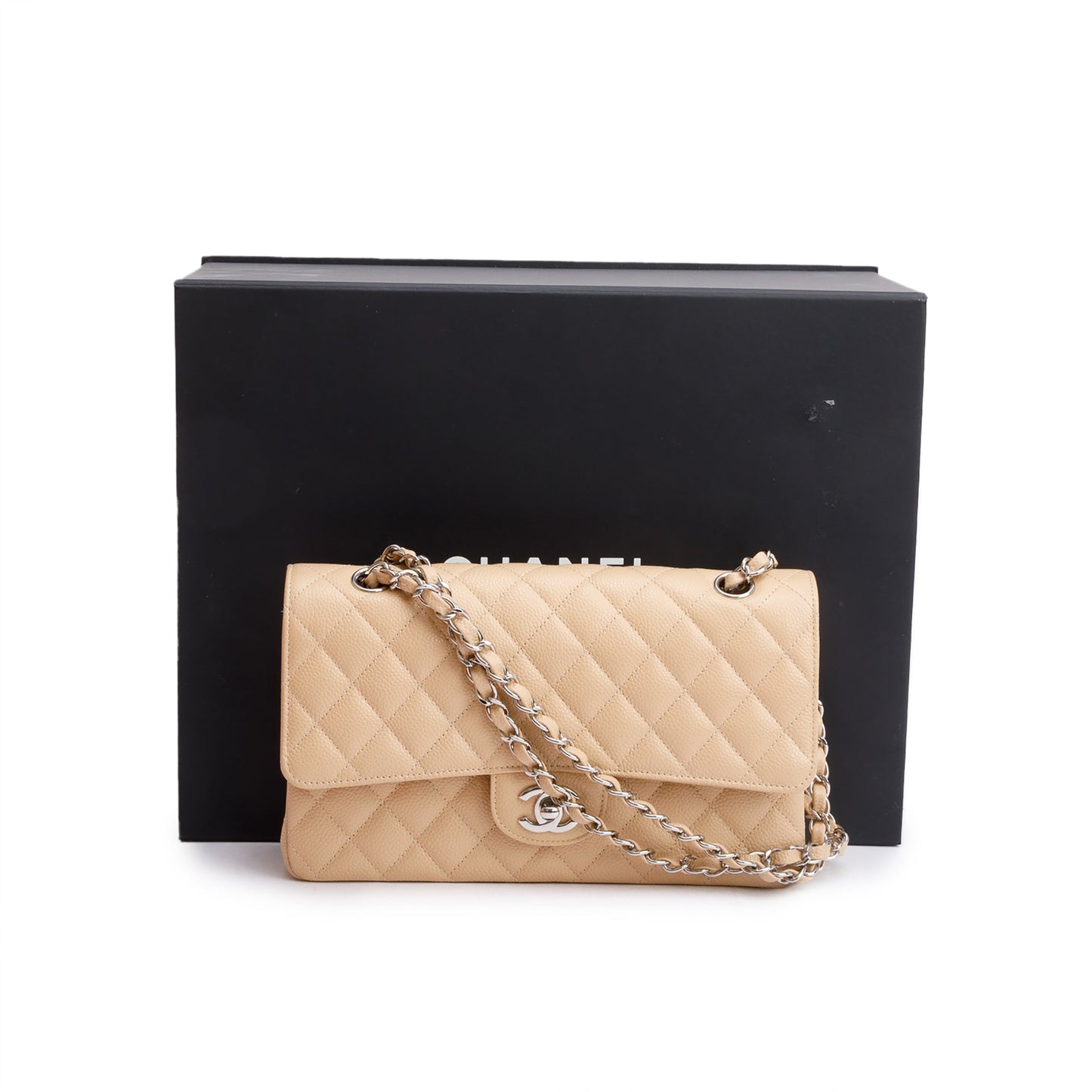 Chanel Beige Quilted Caviar Leather Classic Medium Double Flap Bag